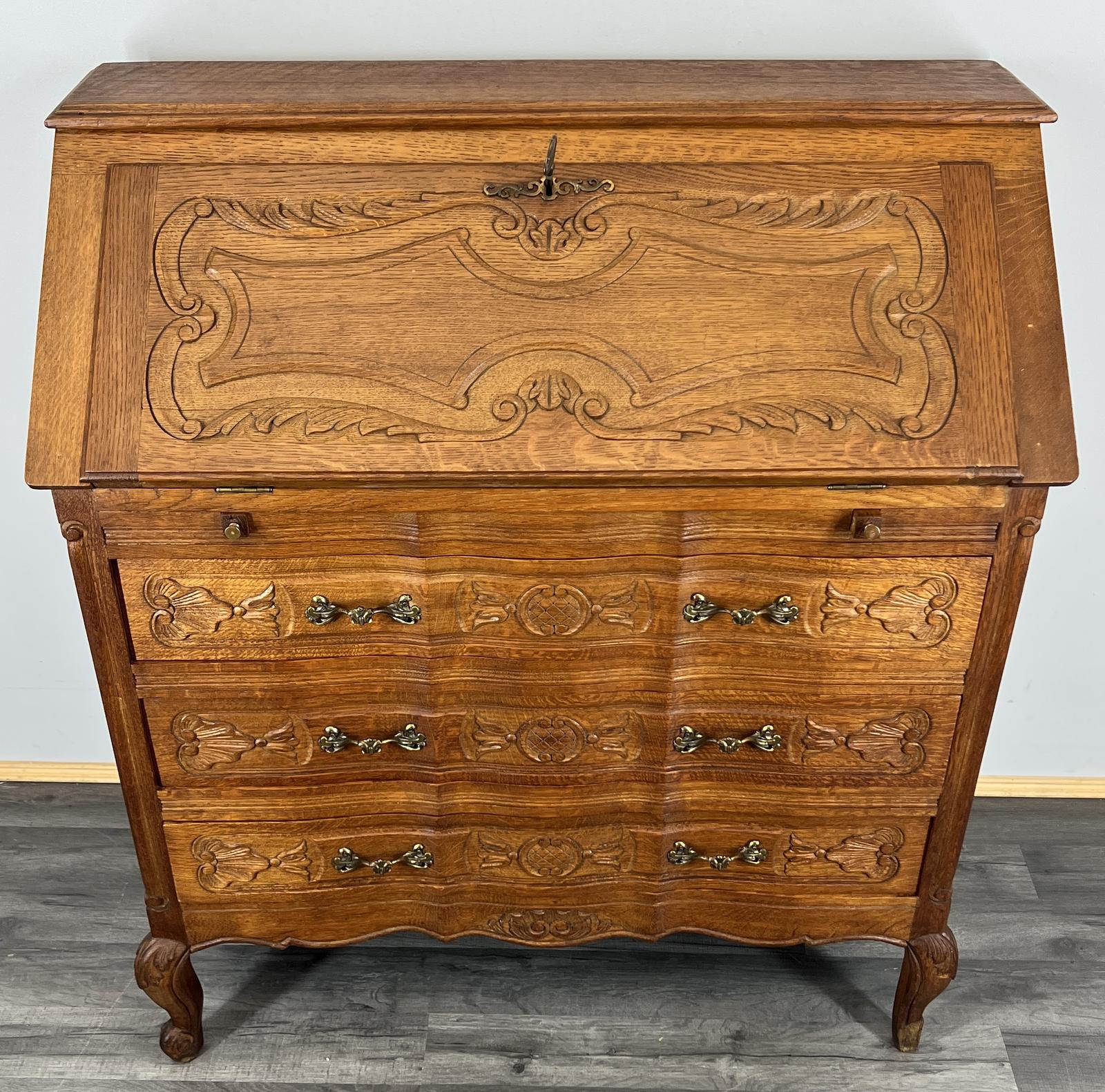 Secretaire Writing Desk Vintage French Oak Rare Bureaux Cabinet (1 of 14)