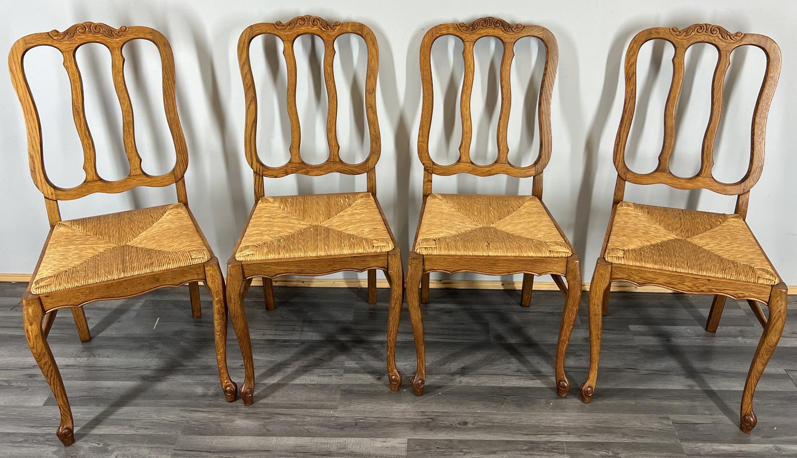 Chairs Vintage French Louis XVI Style Oak Upholstered Set of 4 Carved (1 of 14)
