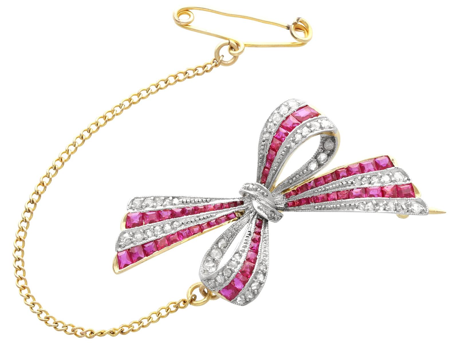 Antique 0.78ct Ruby & 0.40ct Diamond 18ct Yellow Gold Bow Brooch c.1910 (1 of 9)