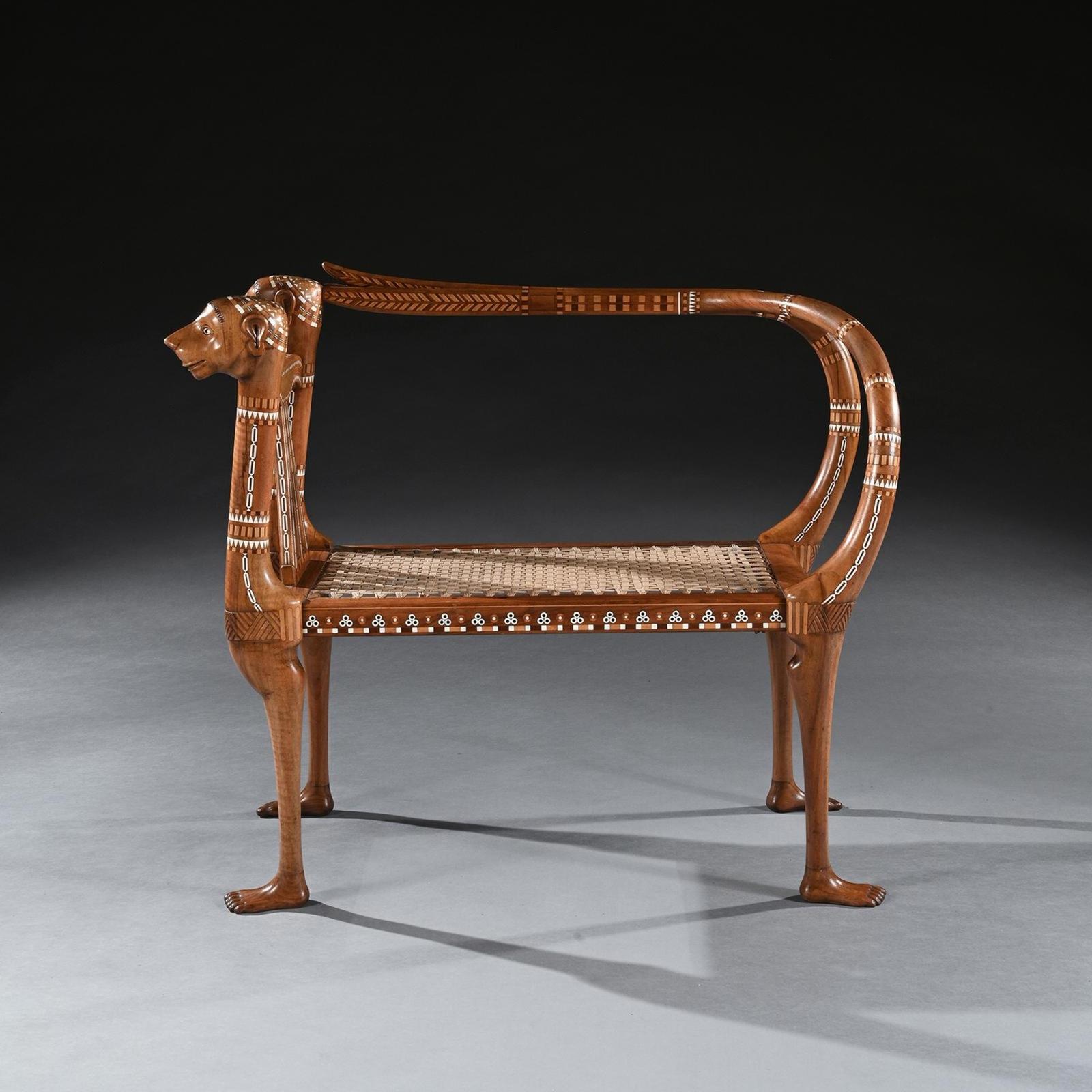 Extremely Rare Exhibition Quality Egyptian Revival Walnut & Inlaid Bench or Window Seat (1 of 9) Extremely Rare Exhibition Quality Egyptian Revival Walnut & Inlaid Bench or Window Seat (1 of 9)