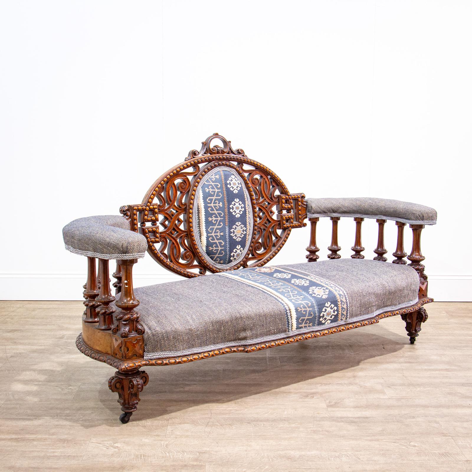 Victorian Carved Walnut Sofa Settee with Blue Upholstery (1 of 13) Victorian Carved Walnut Sofa Settee with Blue Upholstery (1 of 13)
