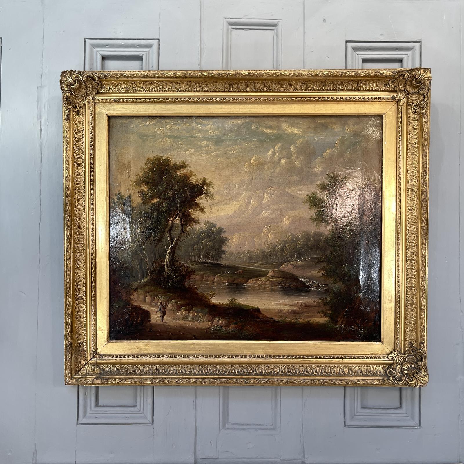 Large Antique River Landscape Oil Painting with Cows (1 of 10)