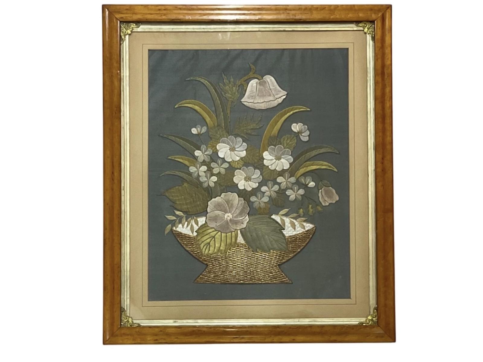 Silkwork Basket Of Flowers And Foliage Maple Framed Antique Victorian C1880 (1 of 6) Silkwork Basket Of Flowers And Foliage Maple Framed Antique Victorian C1880 (1 of 6)