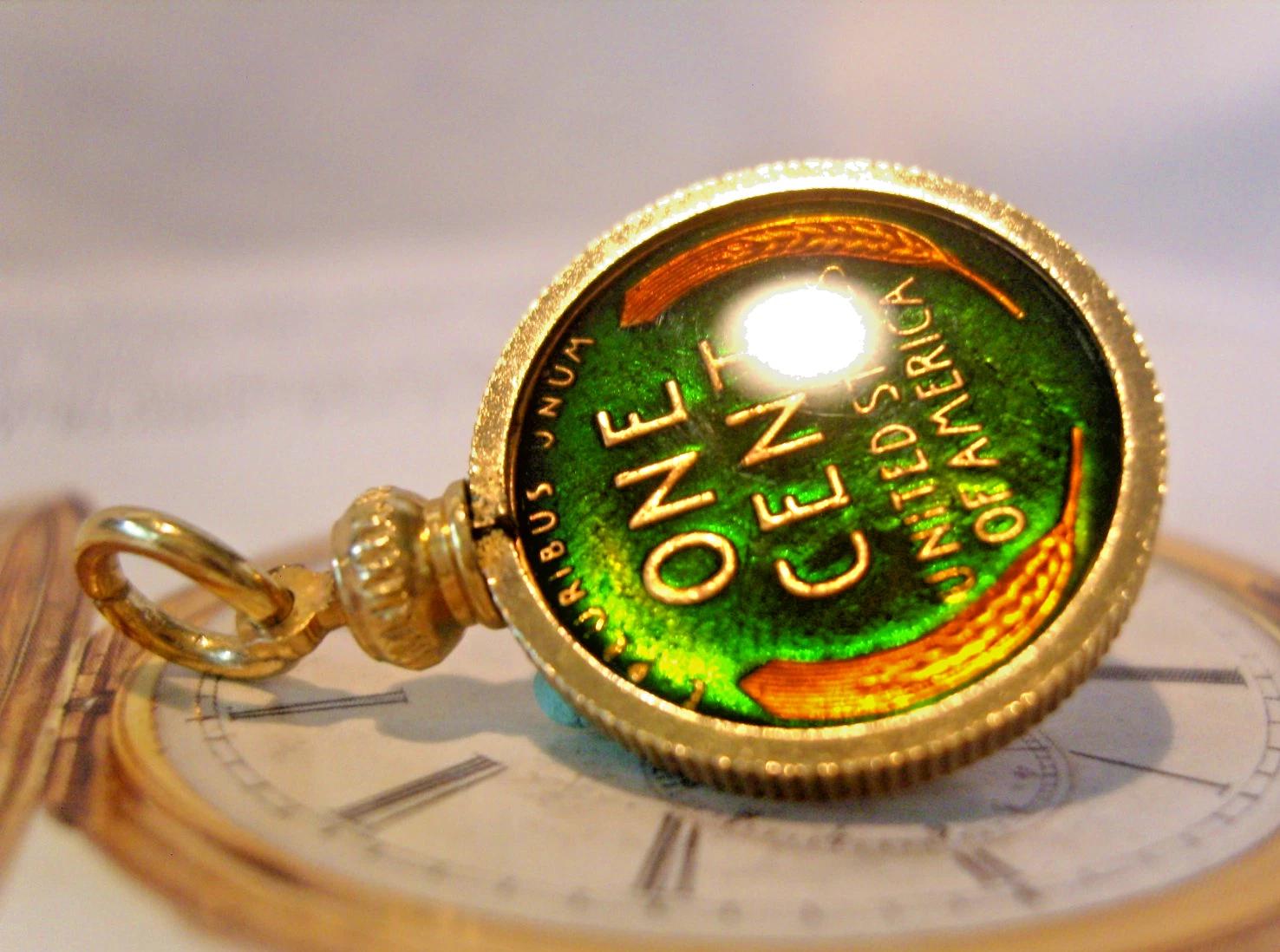 Pocket Watch Chain Coin Fob 1958 USA Gilt & Multi Enamel American One Cent Fob (1 of 7)