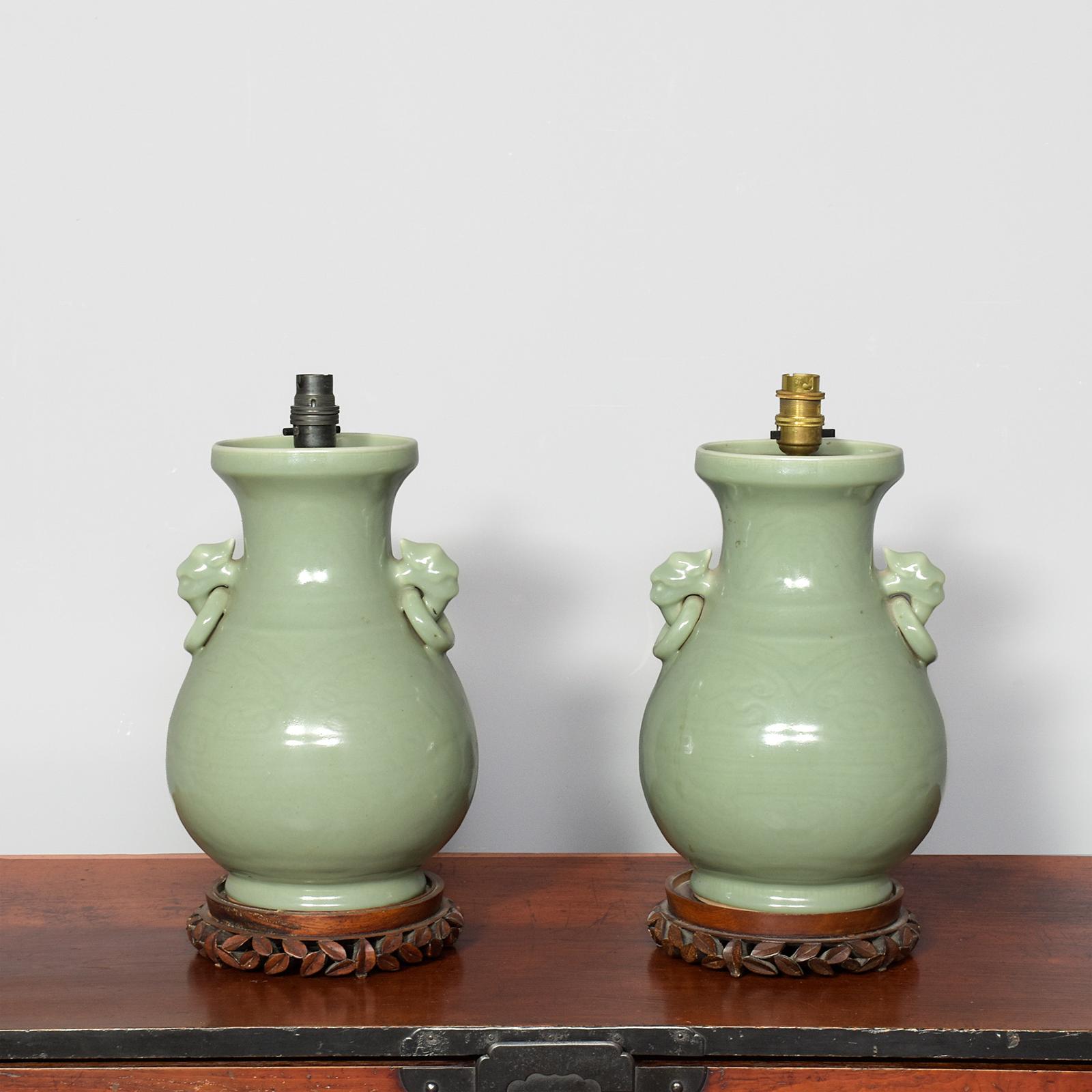Pair of Japanese Twin-handled Celadon Glazed Porcelain Lamps (1 of 7) Pair of Japanese Twin-handled Celadon Glazed Porcelain Lamps (1 of 7)