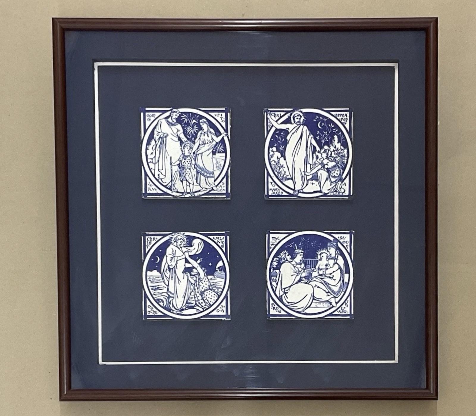 Framed Set of 4 Arts & Crafts Minton Blue & White Tiles by John Moyer Smith Antique Victorian c.1880 (1 of 5) Framed Set of 4 Arts & Crafts Minton Blue & White Tiles by John Moyer Smith Antique Victorian c.1880 (1 of 5)