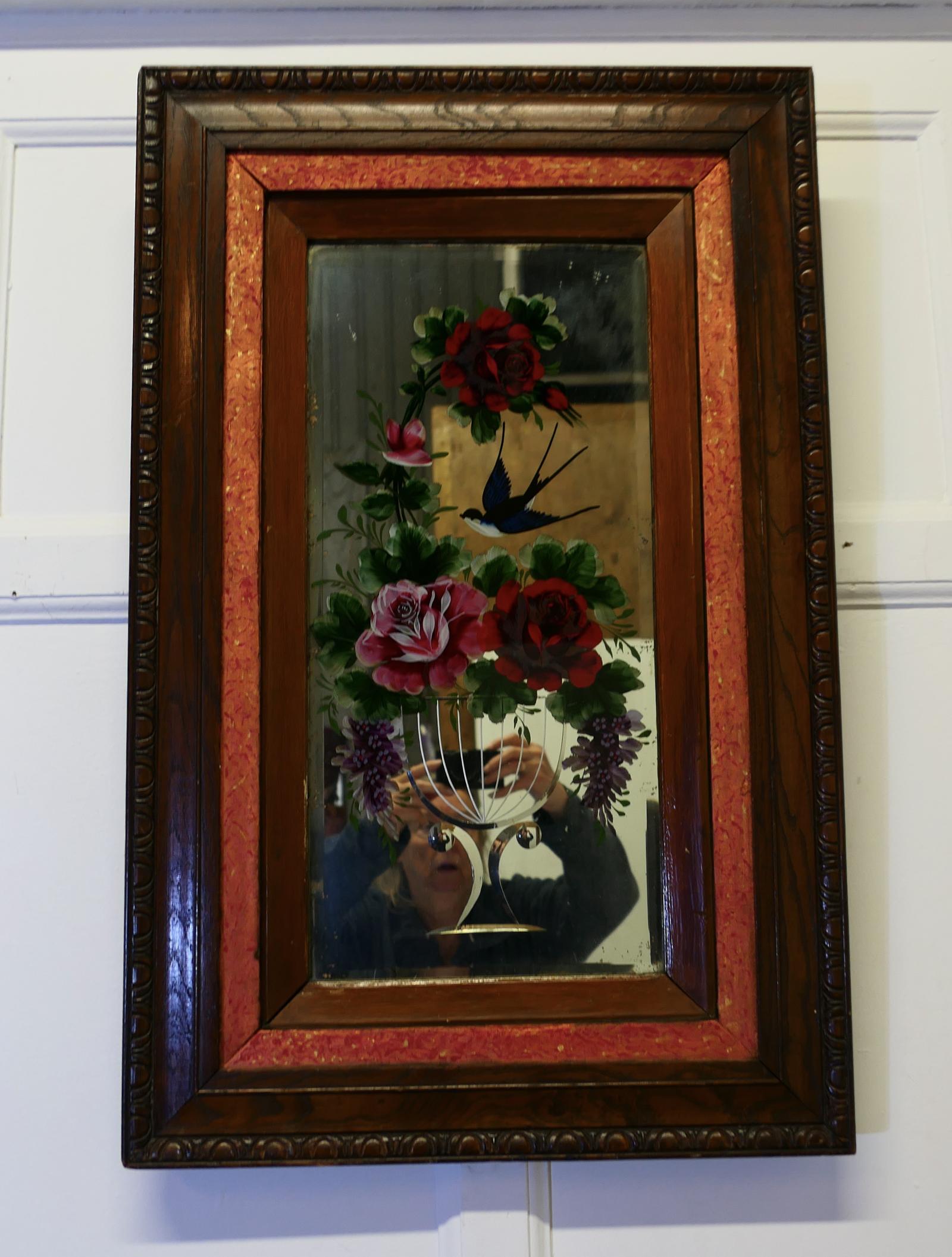 Victorian Reverse Painted, Etched Mirror, Decorated with Roses (1 of 6)