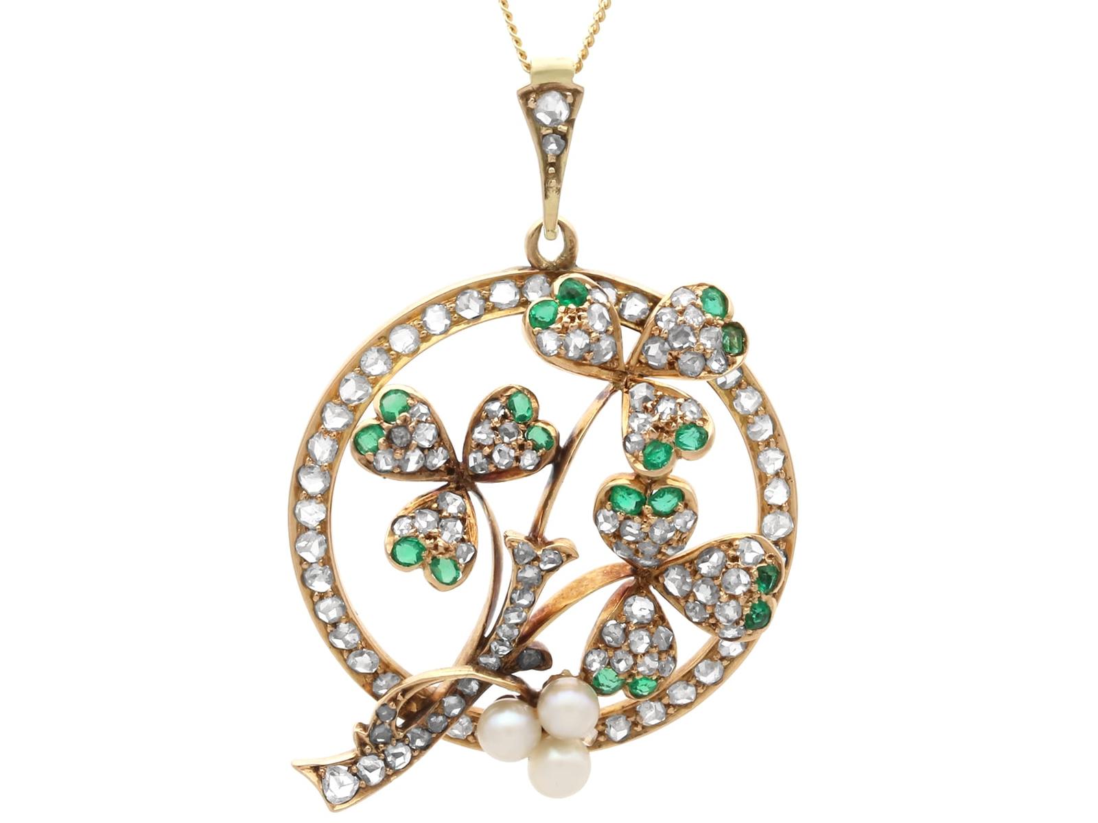 Antique 0.25ct Emerald 0.48ct Diamond Pearl & 15k Yellow Gold Pendant c.1890 (1 of 11)