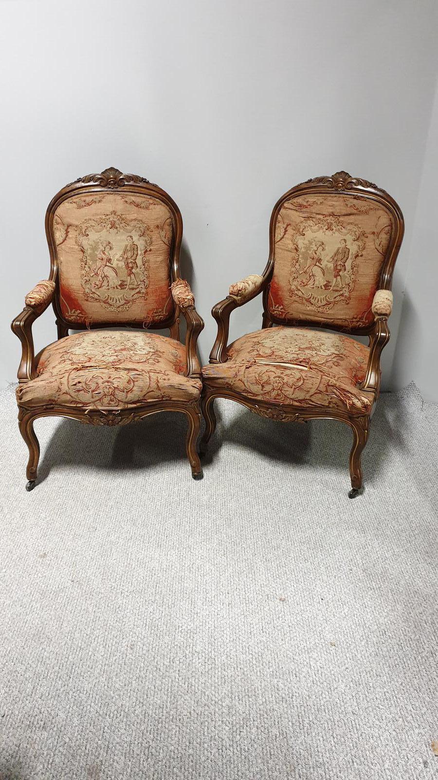 Pair of French Walnut Country House Fauteuil Armchairs (1 of 1)