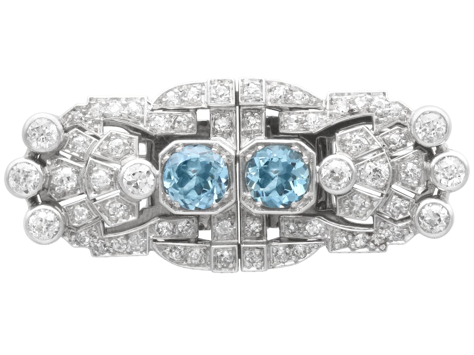 Antique 1.52ct Aquamarine & 2.92ct Diamond, 18ct White Gold Double Clip Brooch c.1925 (1 of 14)