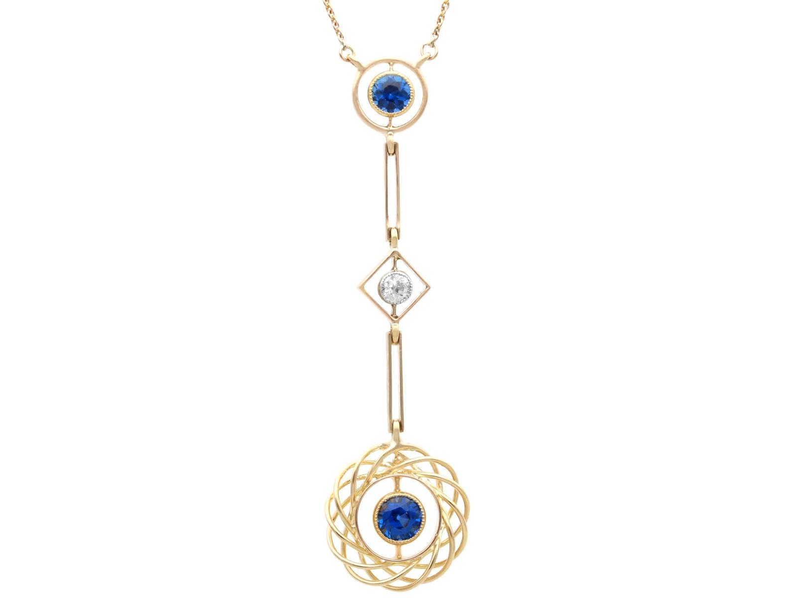Antique 0.48ct Sapphire & 0.09ct Diamond, 15k Yellow Gold Pendant c.1910 (1 of 14)