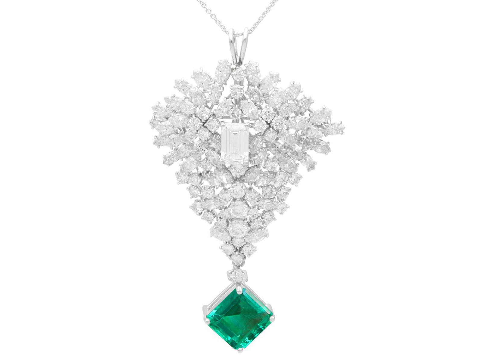 Vintage 7.47ct Zambian Emerald & 14.50ct Diamond 18ct White Gold Brooch / Pendant c.1960 (1 of 29)