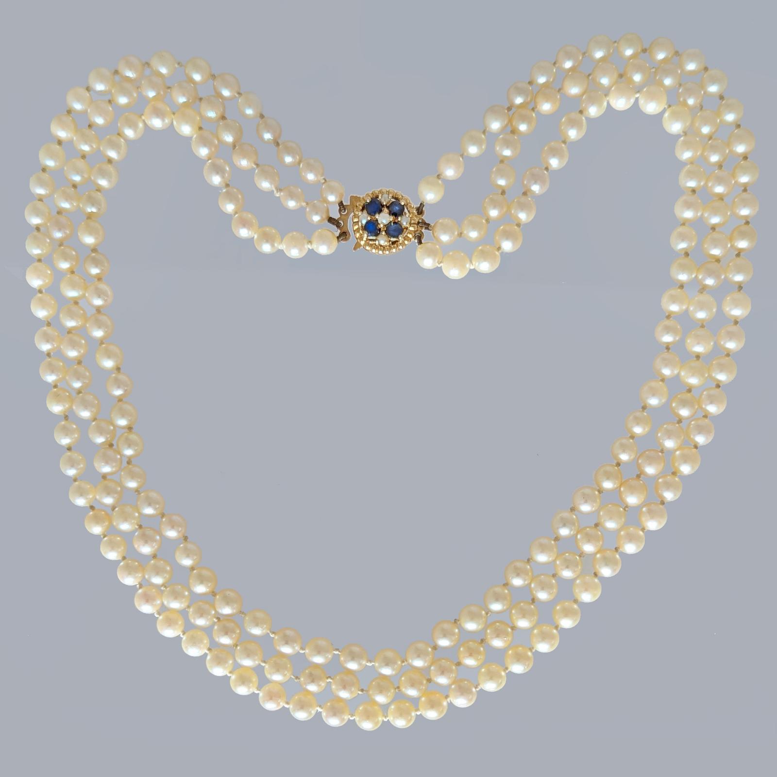 Triple Strand Pearl Necklace with 9ct Gold and Sapphire Floral Clasp Vintage 1970s (1 of 12)