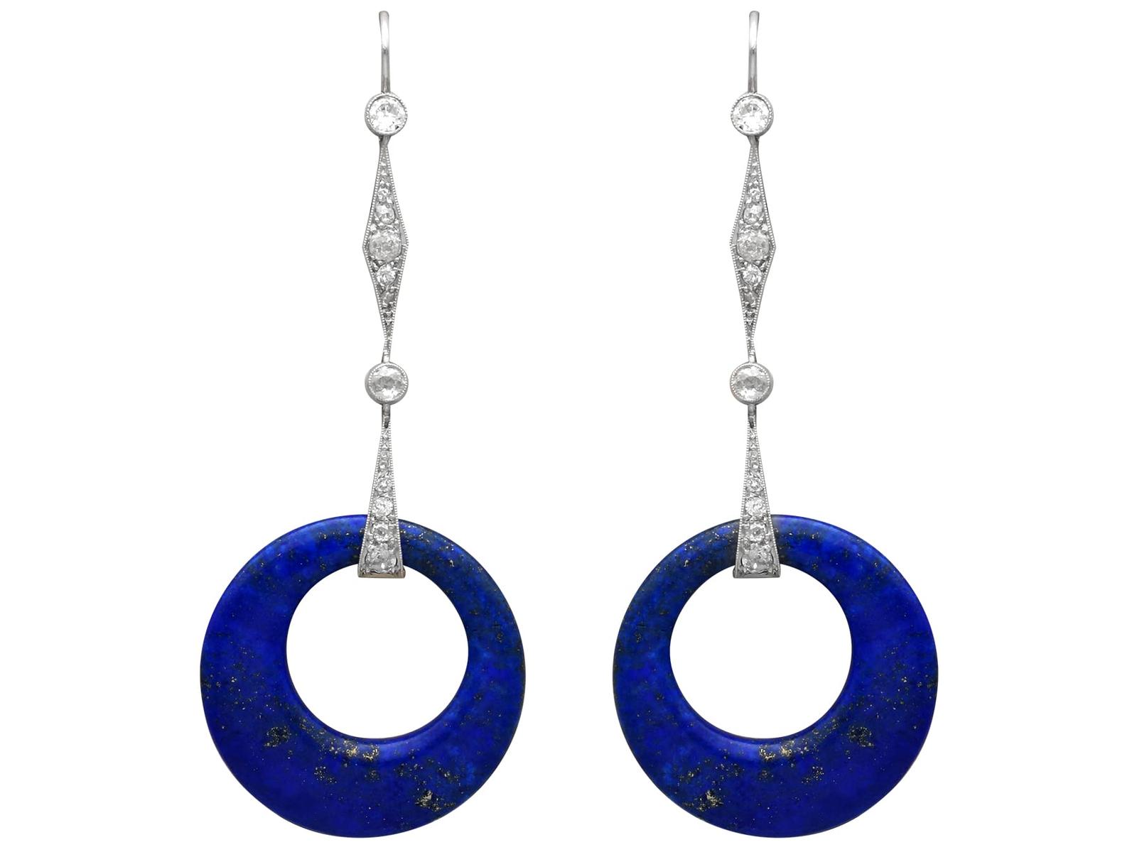 Antique Art Deco 26ct Lapis Lazuli, 0.96ct Diamond & Platinum Drop Earrings c.1925 (1 of 11)