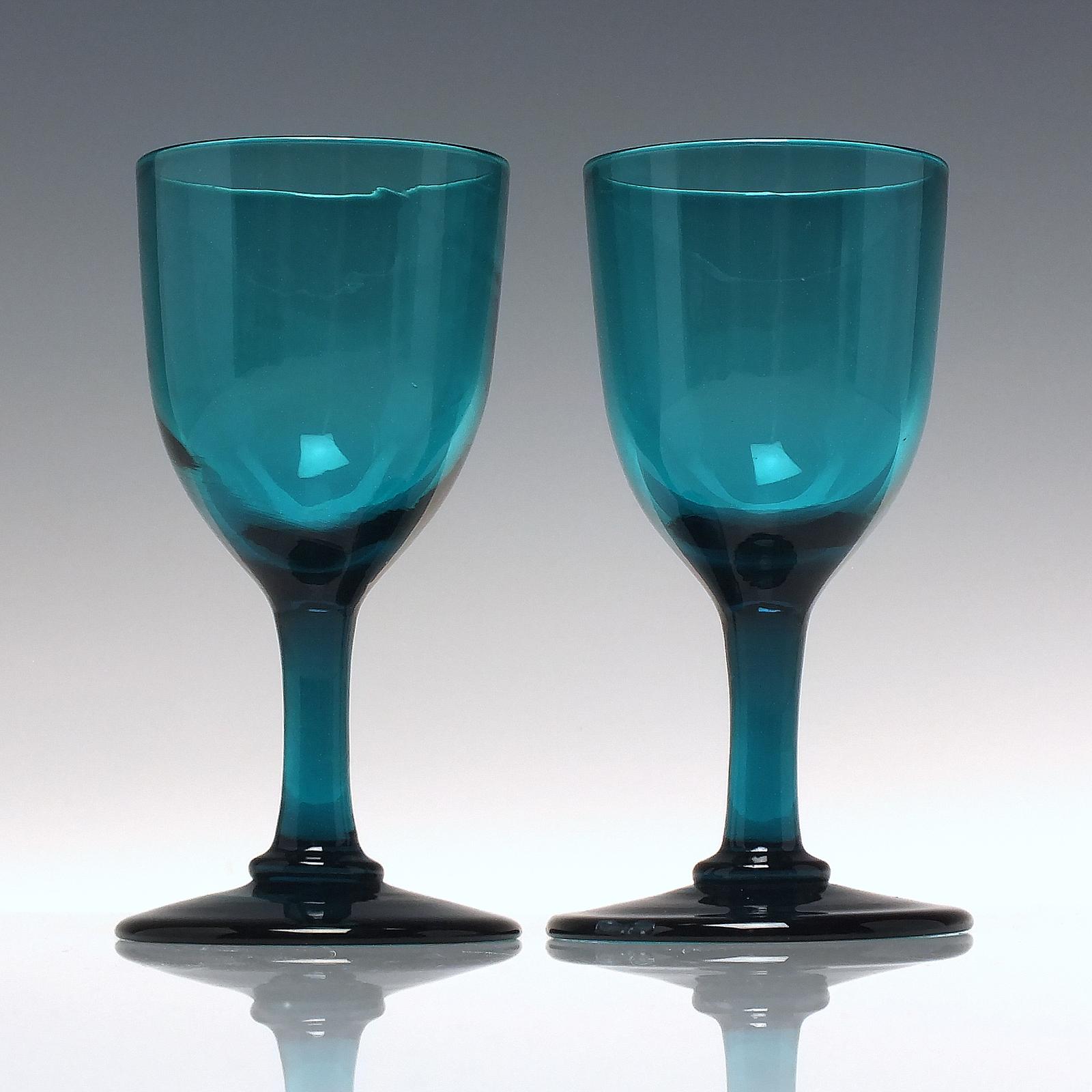 Pair of Georgian Peacock Blue Wine Glasses c.1820 (1 of 5)
