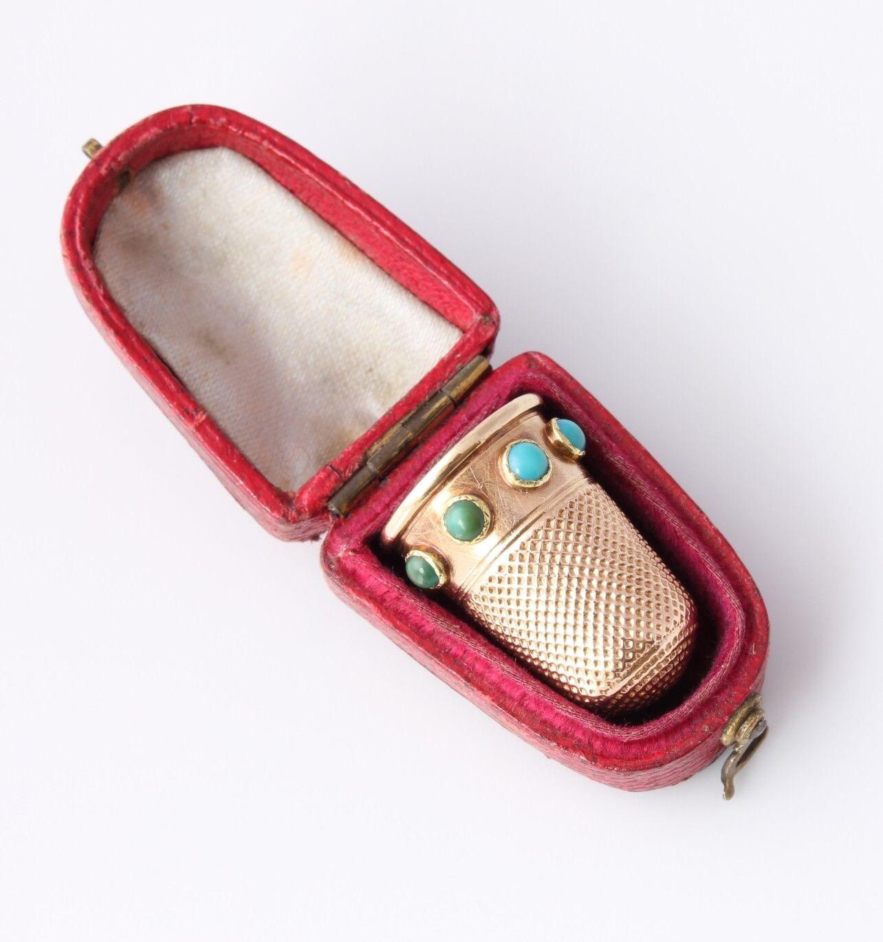 Victorian 15ct Gold Thimble. Turquoise Cabochons. Leather Case. Antique C1860 (1 of 12) Victorian 15ct Gold Thimble. Turquoise Cabochons. Leather Case. Antique C1860 (1 of 12)