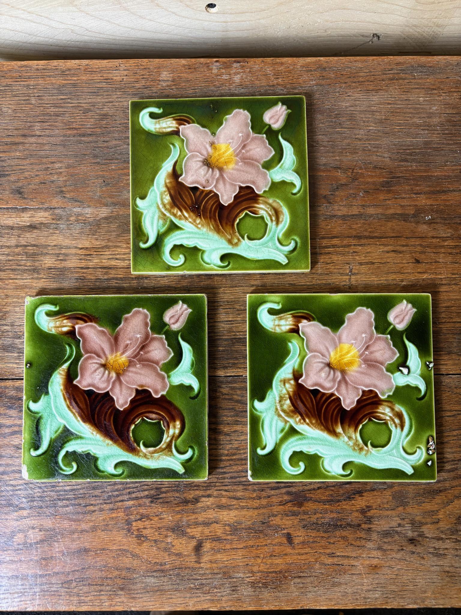 Set of Three Art Nouveau Majolica Fireplace Tiles, c.1900 (1 of 5)