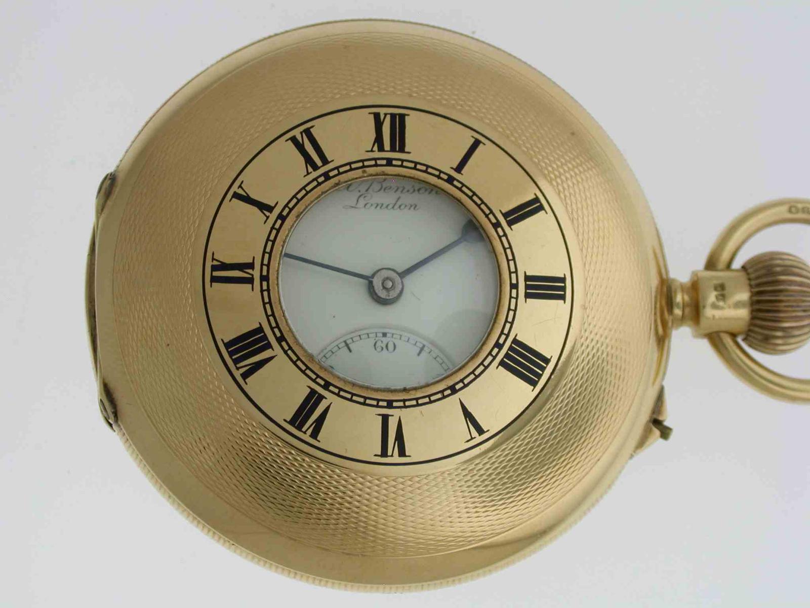 J.W. Benson 18kt Yellow Gold Swiss Made Half Hunter Pocket Watch – Hallmarked London 1929 (1 of 7) J.W. Benson 18kt Yellow Gold Swiss Made Half Hunter Pocket Watch – Hallmarked London 1929 (1 of 7)