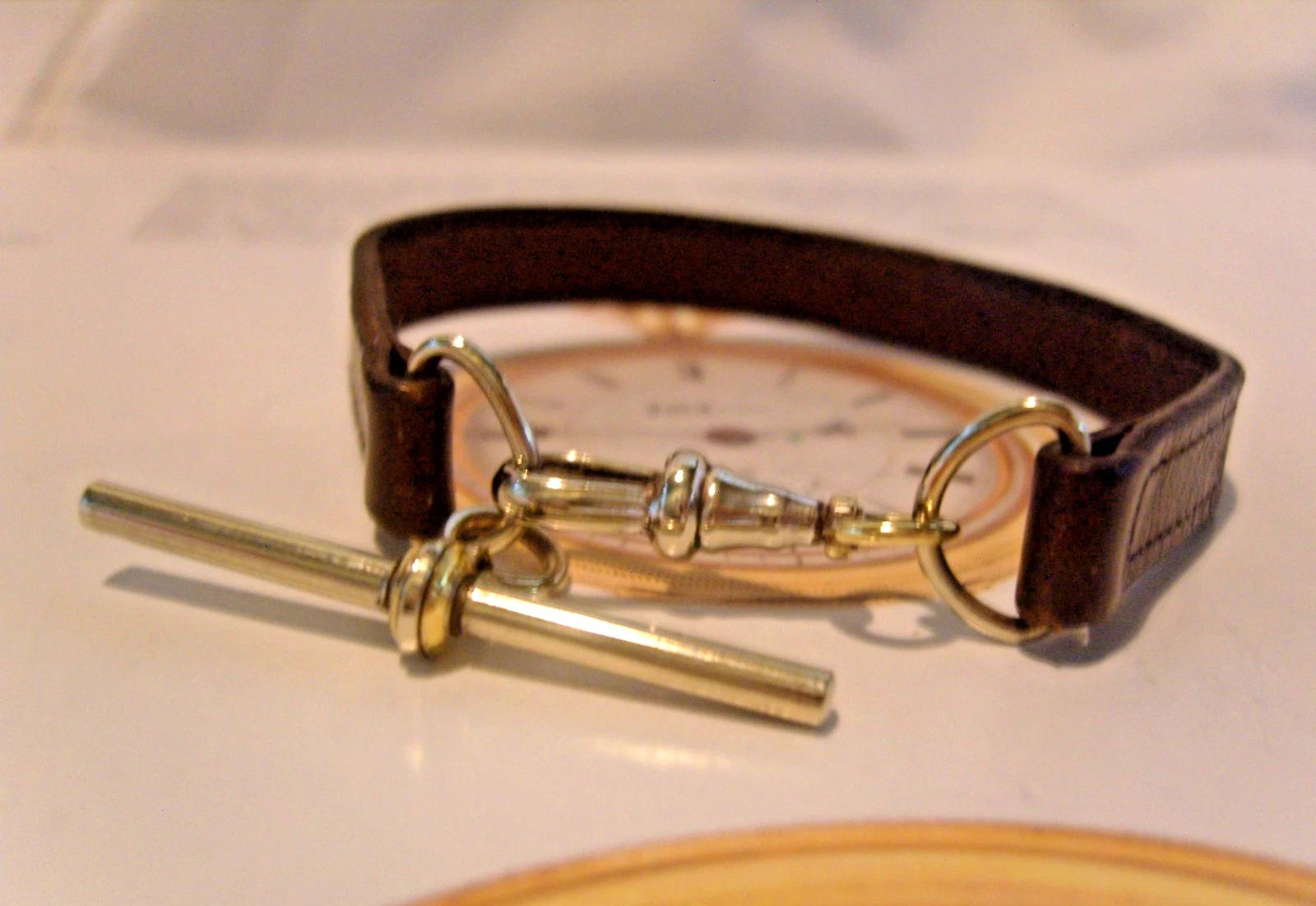 Pocket Watch Albert 1920 Brown Leather With Silver Nickel T Bar & Dog Clip (1 of 9)