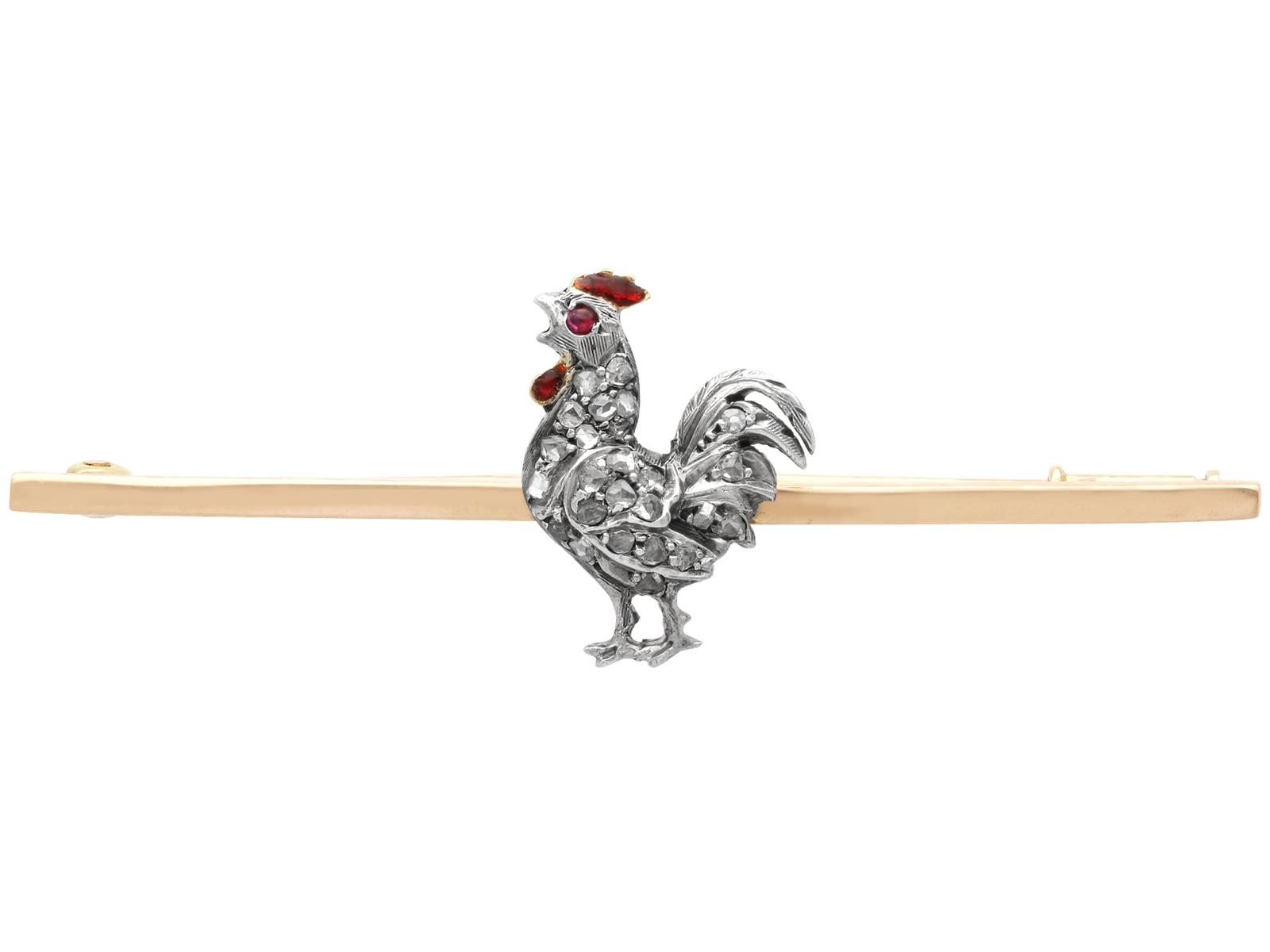 Antique 0.13ct Diamond, Ruby & Enamel, 14ct Yellow Gold Cockerel Bar Brooch c.1900 (1 of 9)