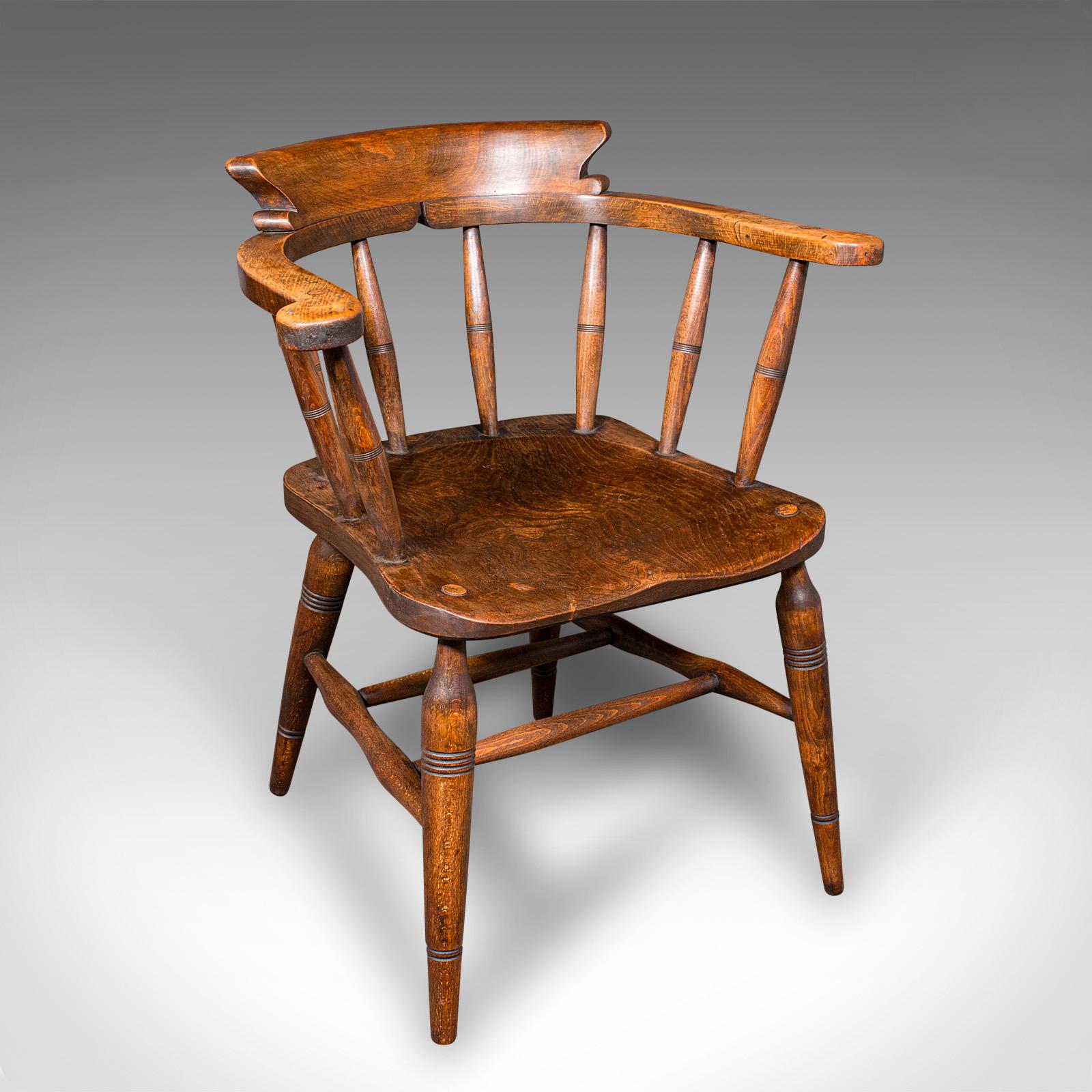 Antique Captain’s Bow Chair, English, Beech, Elm, Home Office, Seat c.1900 (1 of 10)