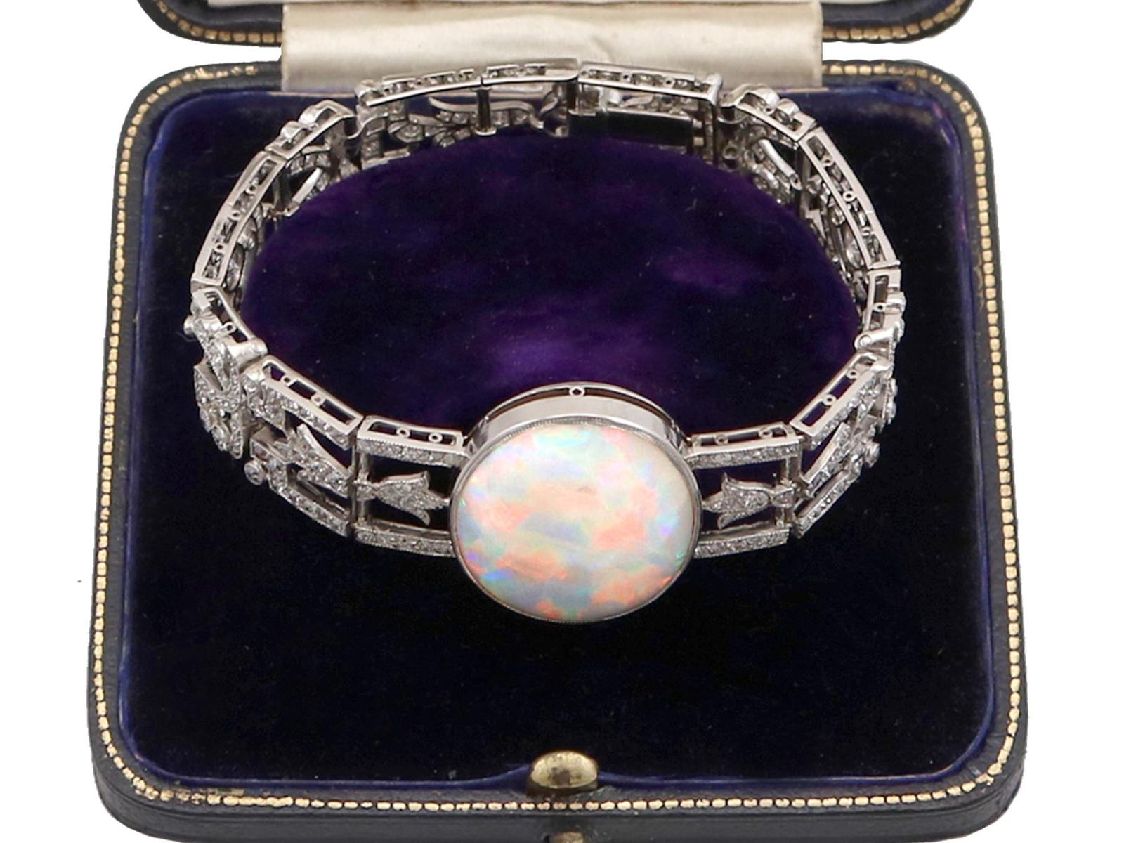 Antique 24.66ct Opal & 9.81ct Diamond, Platinum Bracelet c.1915 (1 of 26)