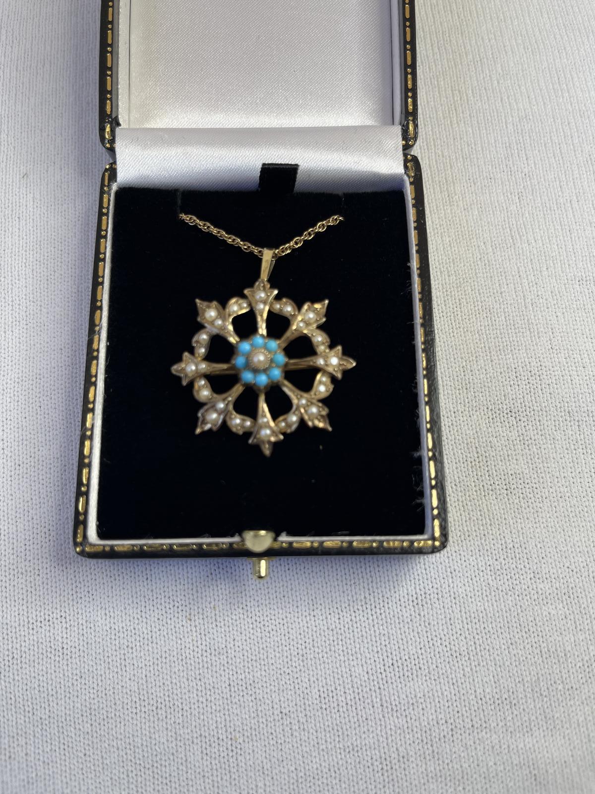Antique Edwardian 9ct Gold Turquoise Pearl Pendant Brooch (1 of 9)