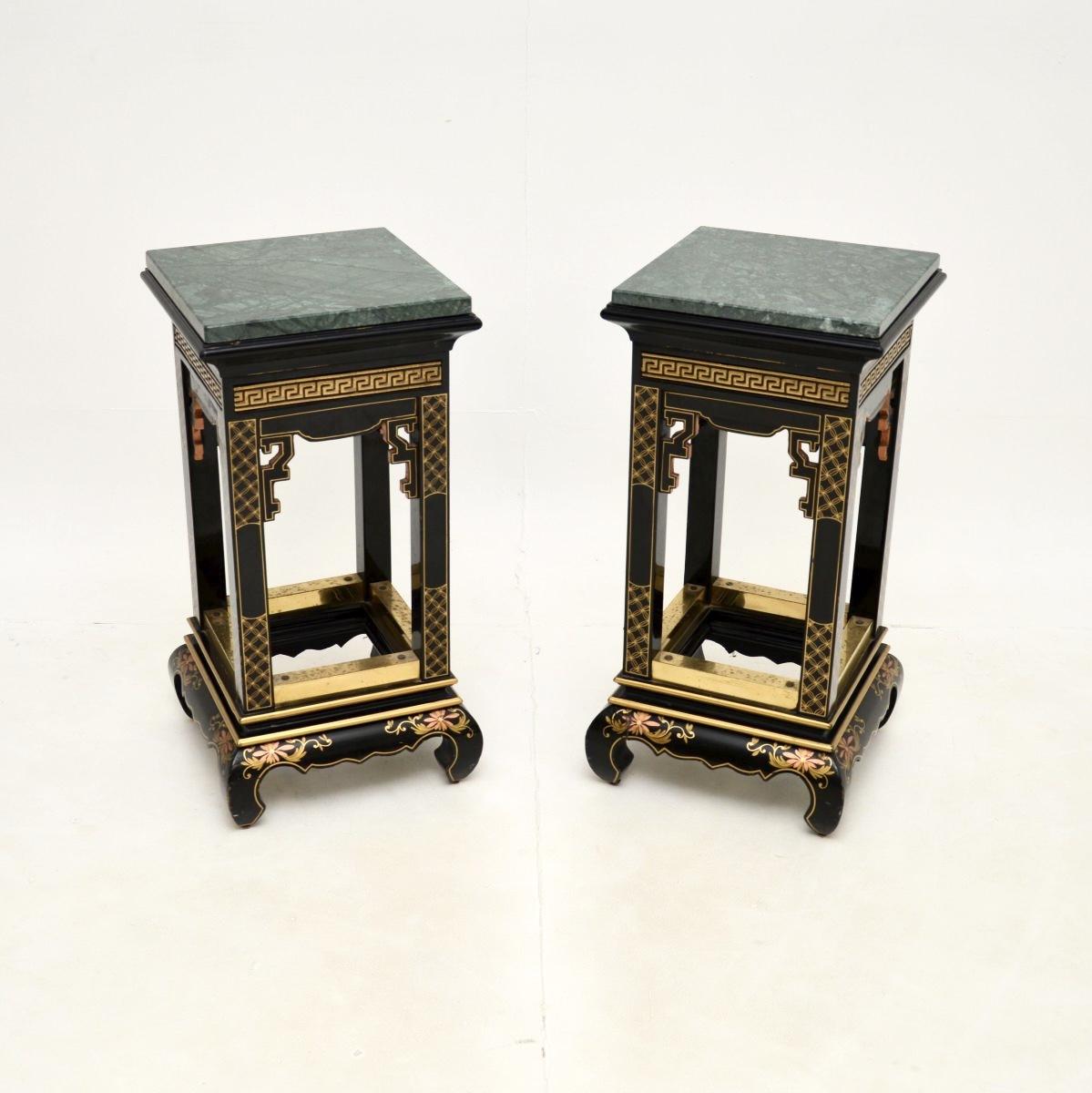 Pair of Lacquered Chinoiserie Marble Top Side Tables (1 of 9) Pair of Lacquered Chinoiserie Marble Top Side Tables (1 of 9)