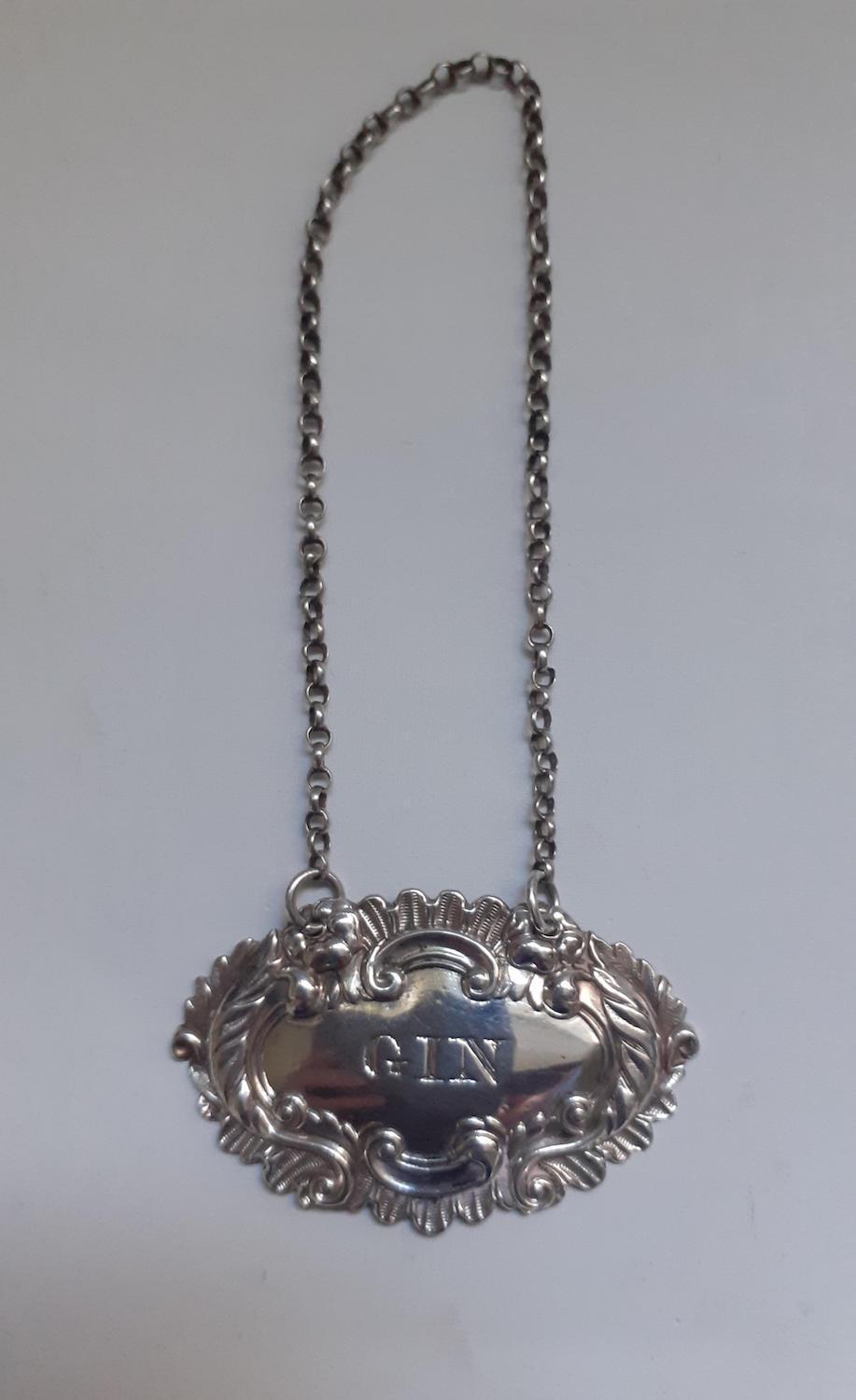 Charming Early Victorian Silver Gin Decanter Label (1 of 4) Charming Early Victorian Silver Gin Decanter Label (1 of 4)