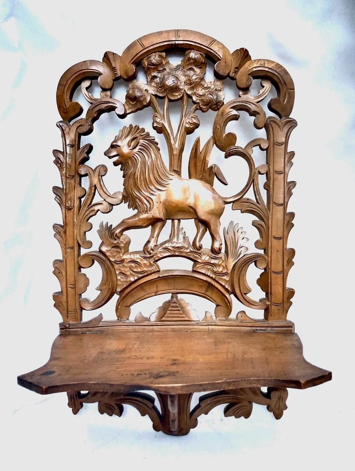 19th Century Carved Cherrywood Folk Art Shelfrack with Lion Motif (1 of 5)