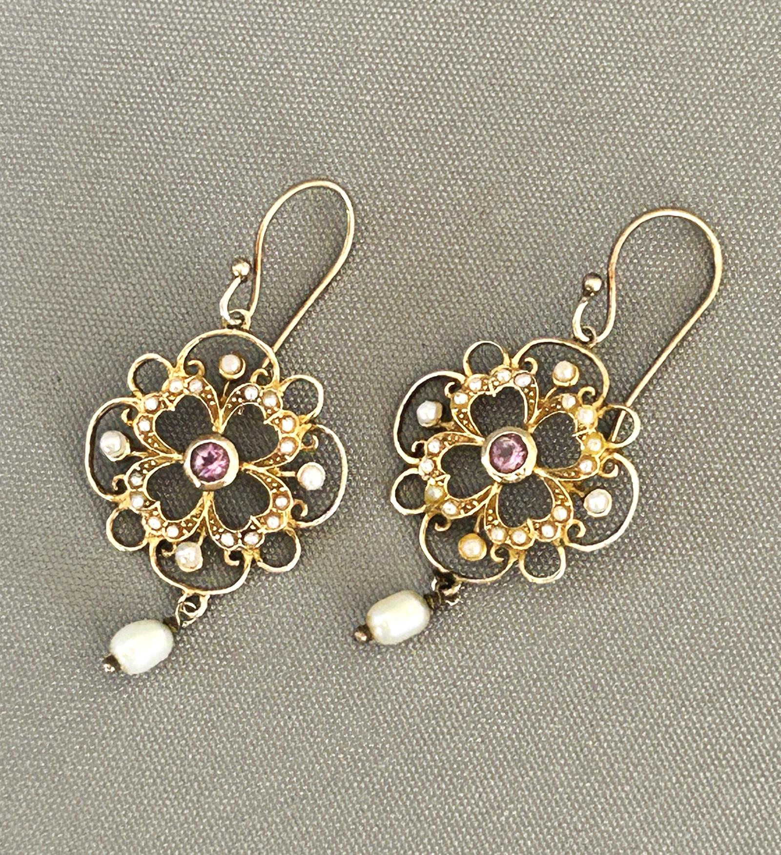 Pair of Edwardian Silver Gilt Lavaliere Earrings, Set with Amethyst & Pearls (1 of 6) Pair of Edwardian Silver Gilt Lavaliere Earrings, Set with Amethyst & Pearls (1 of 6)