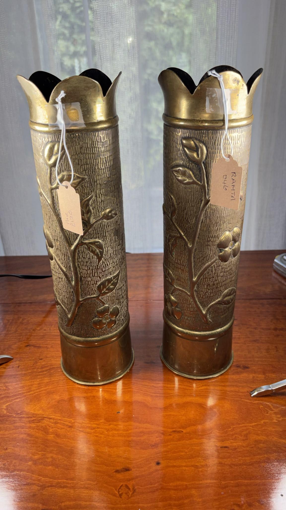 Unusual Pair of Trench Art Brass Vases (1 of 1) Unusual Pair of Trench Art Brass Vases (1 of 1)