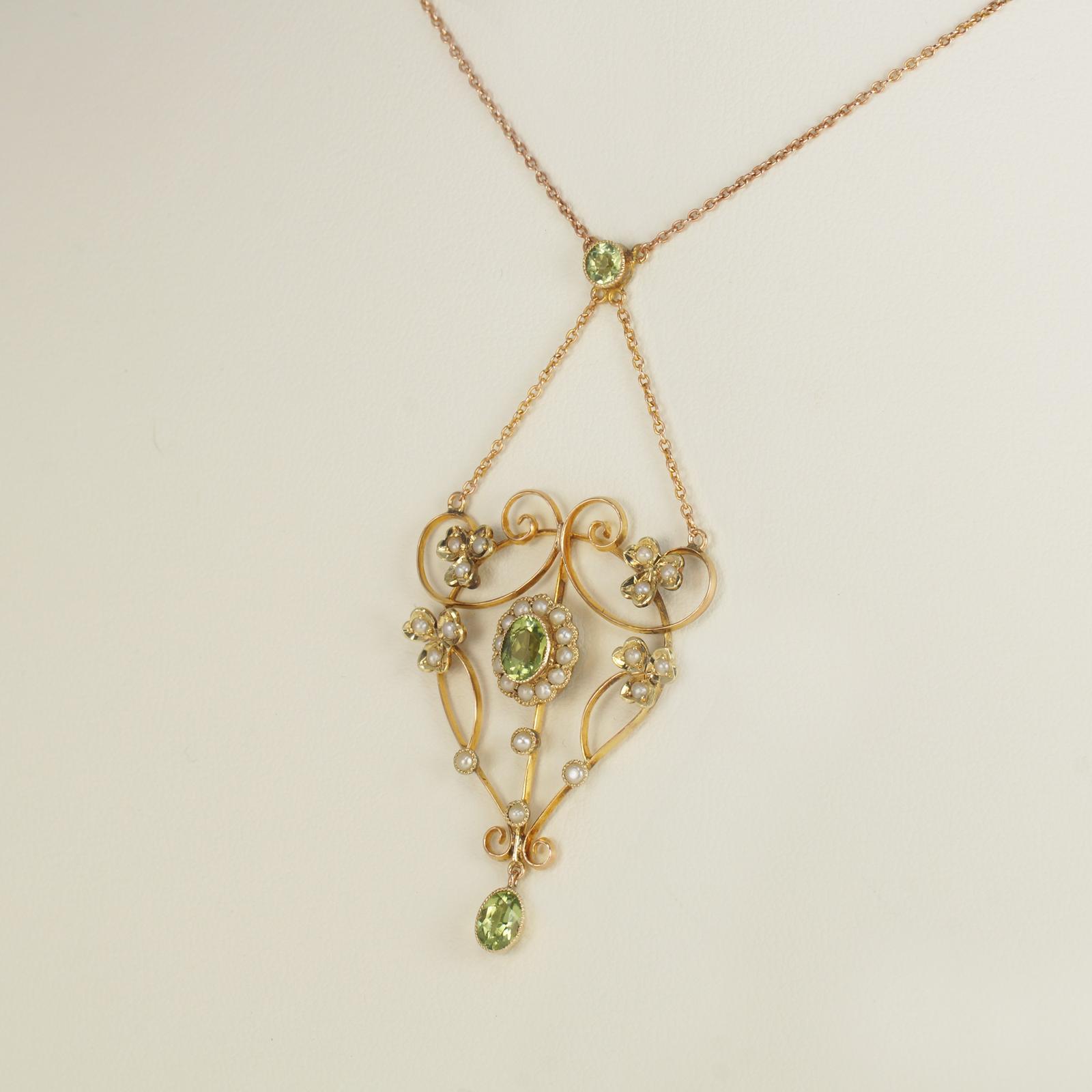 Antique Peridot and Pearl Necklace 9ct Gold Scroll Edwardian Seed Pearl Pendant (1 of 9)