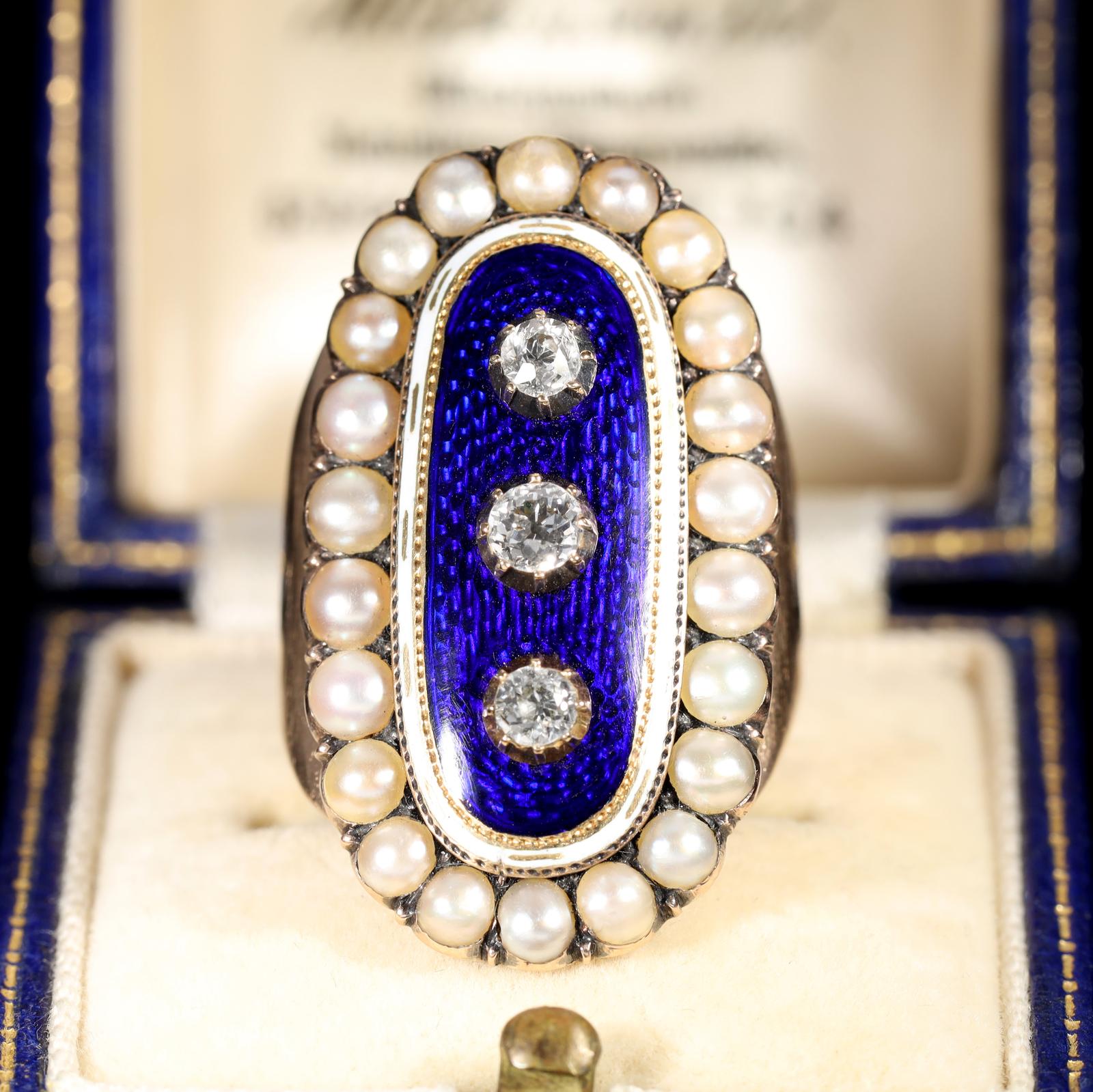 The Antique 1789 Georgian Diamond, Pearl & Enamel Mourning Ring (1 of 7)