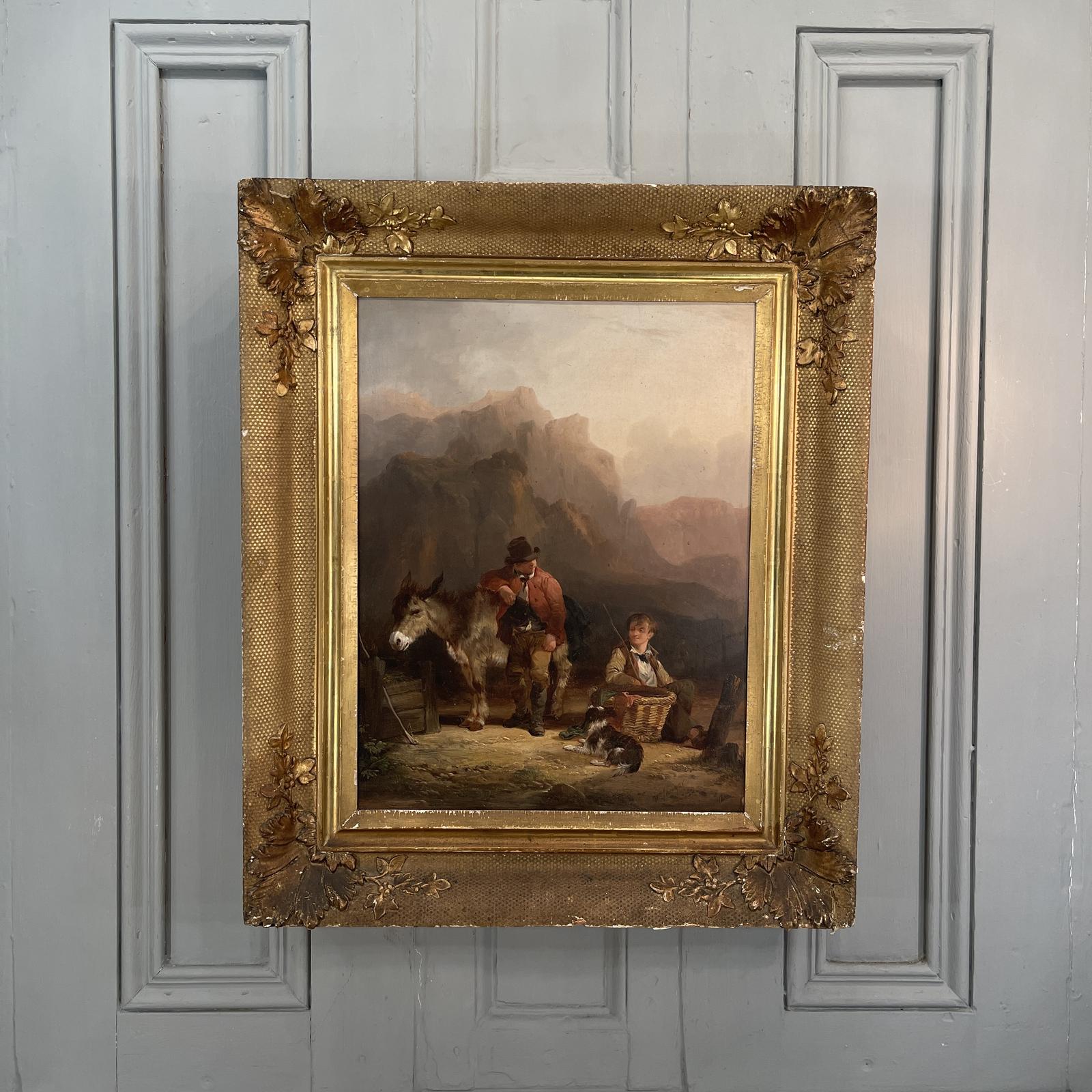 Antique Victorian Oil Painting Study of Country Folk & Donkey Signed W.M Shayer (1 of 10)