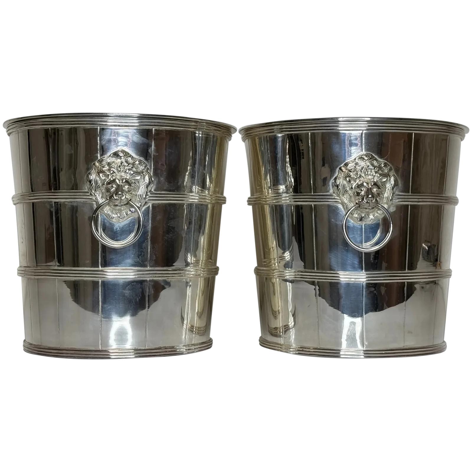 Pair of Regency Style Lion Barrel Silver Plate Champagne Wine Ice Coolers (1 of 1)