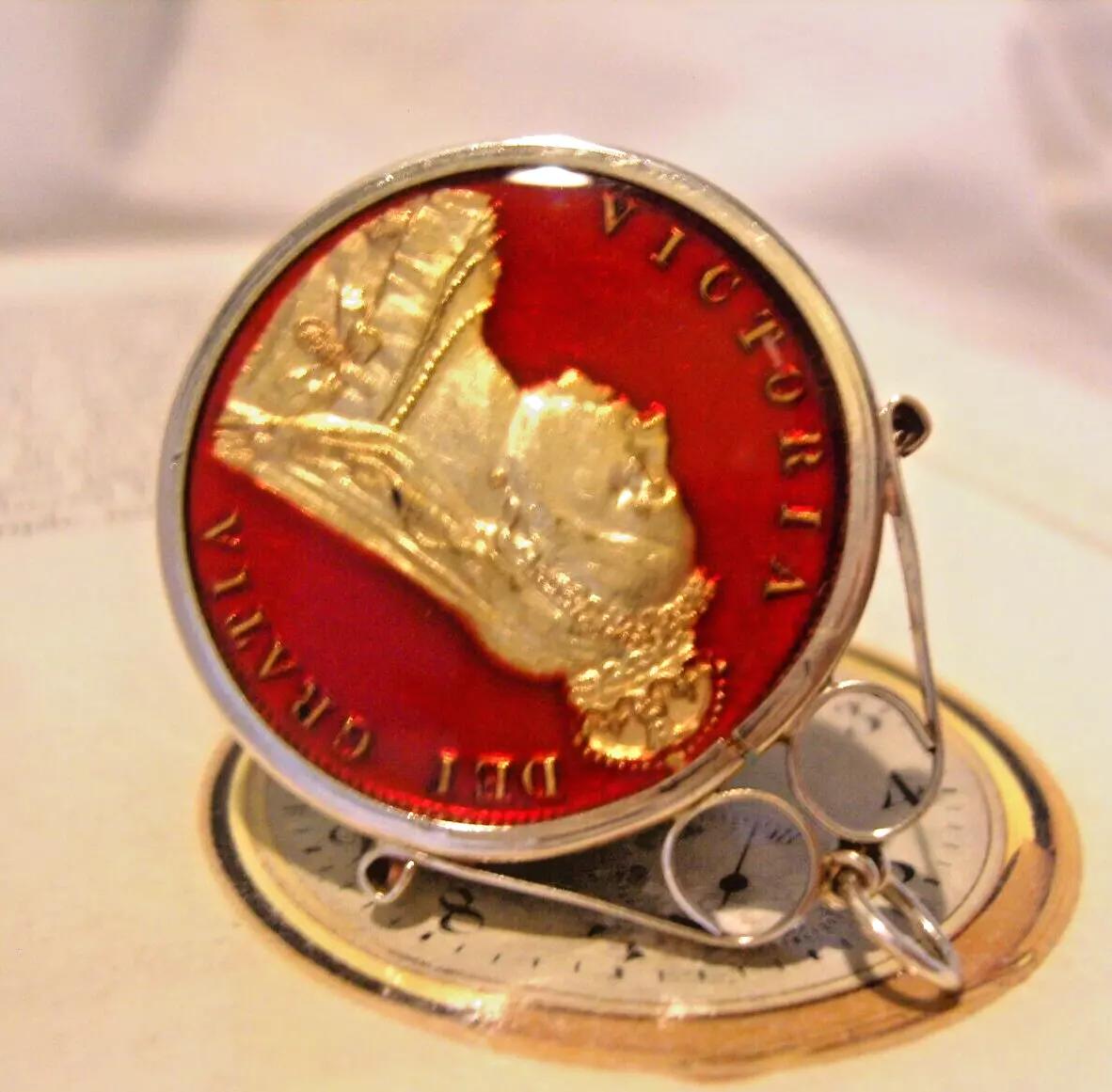 Pocket Watch Chain Fob Enamelled 1887 Queen Victorian Jubilee Silver Mount (1 of 9)