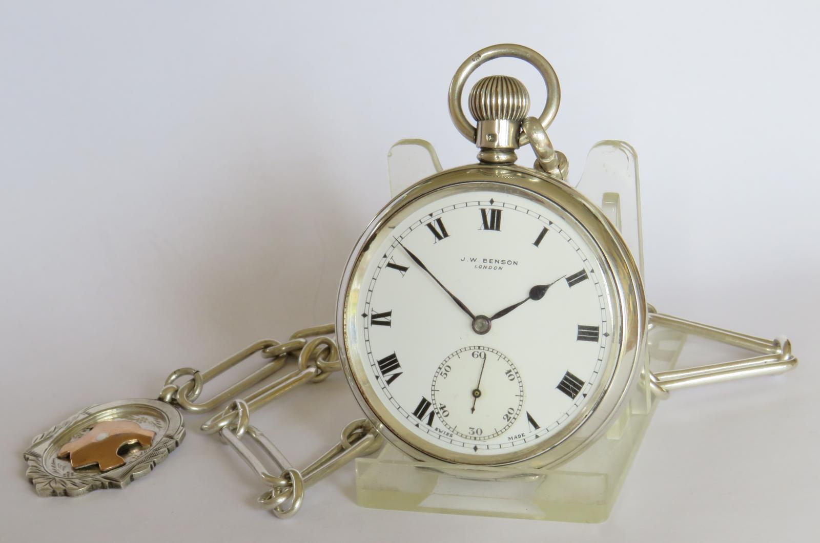 Pocket Watch : Silver J W Benson Pocket Watch and Chain (1 of 5)