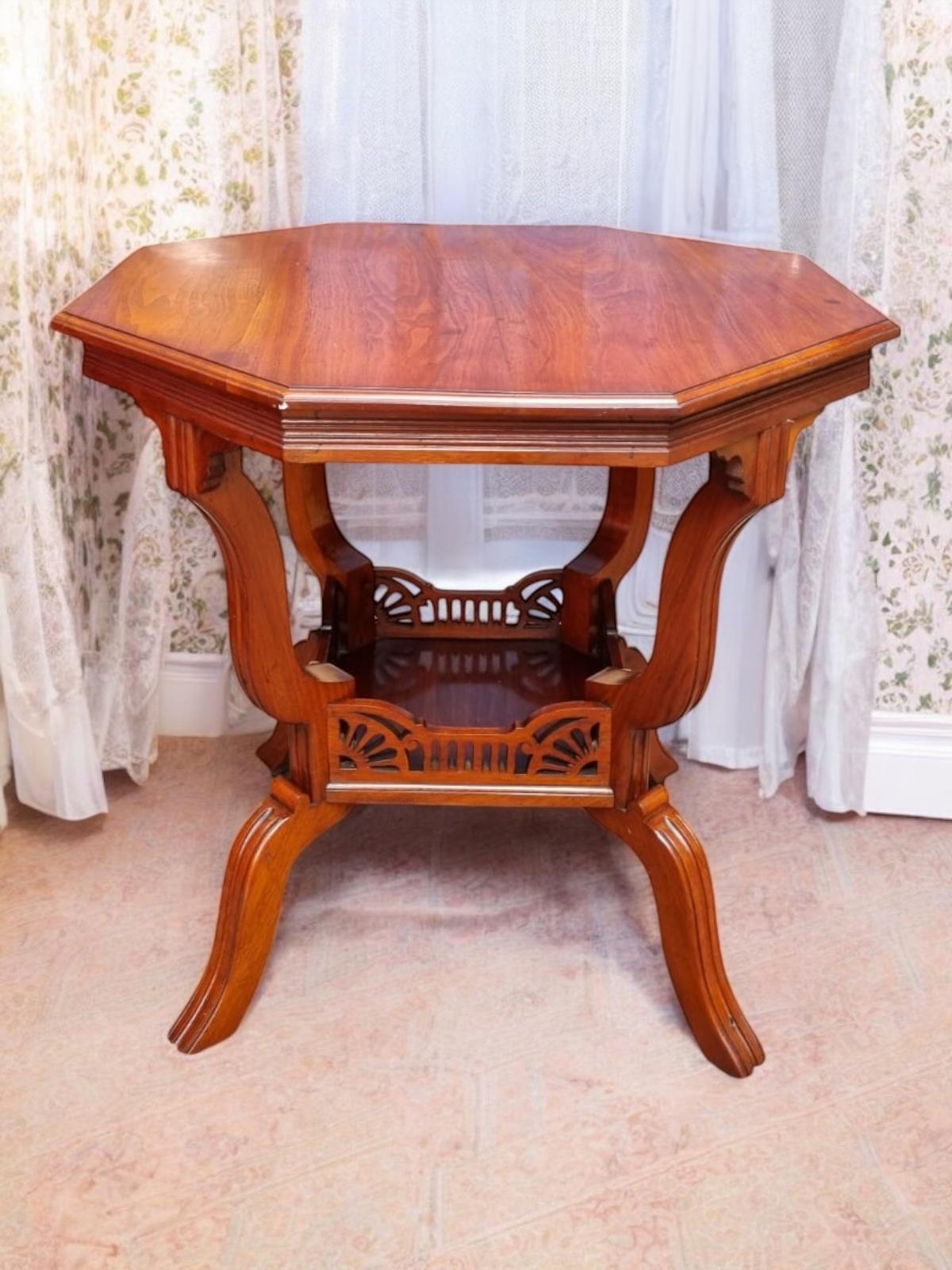 Antique Edwardian Walnut Stained Window Table / Octagonal Top c.1910 (1 of 9)