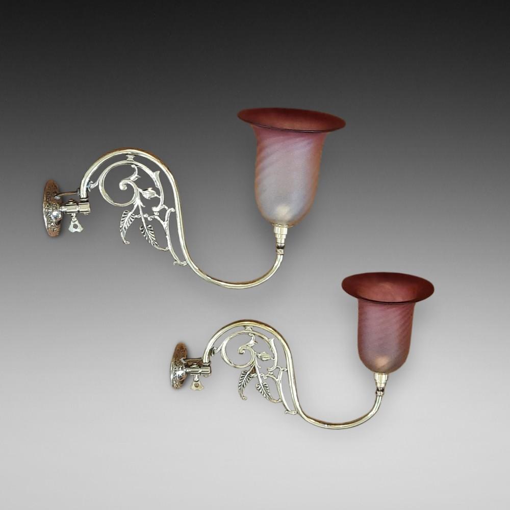Pair of Art Nouveau Brass & Cranberry Wall Lights (1 of 6)