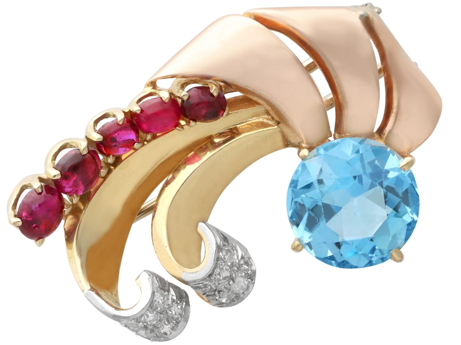 Antique 4.42ct Aquamarine, 1.35ct Ruby, 0.22ct Diamond and 14ct Yellow Gold Brooch Circa 1935 (1 of 12)