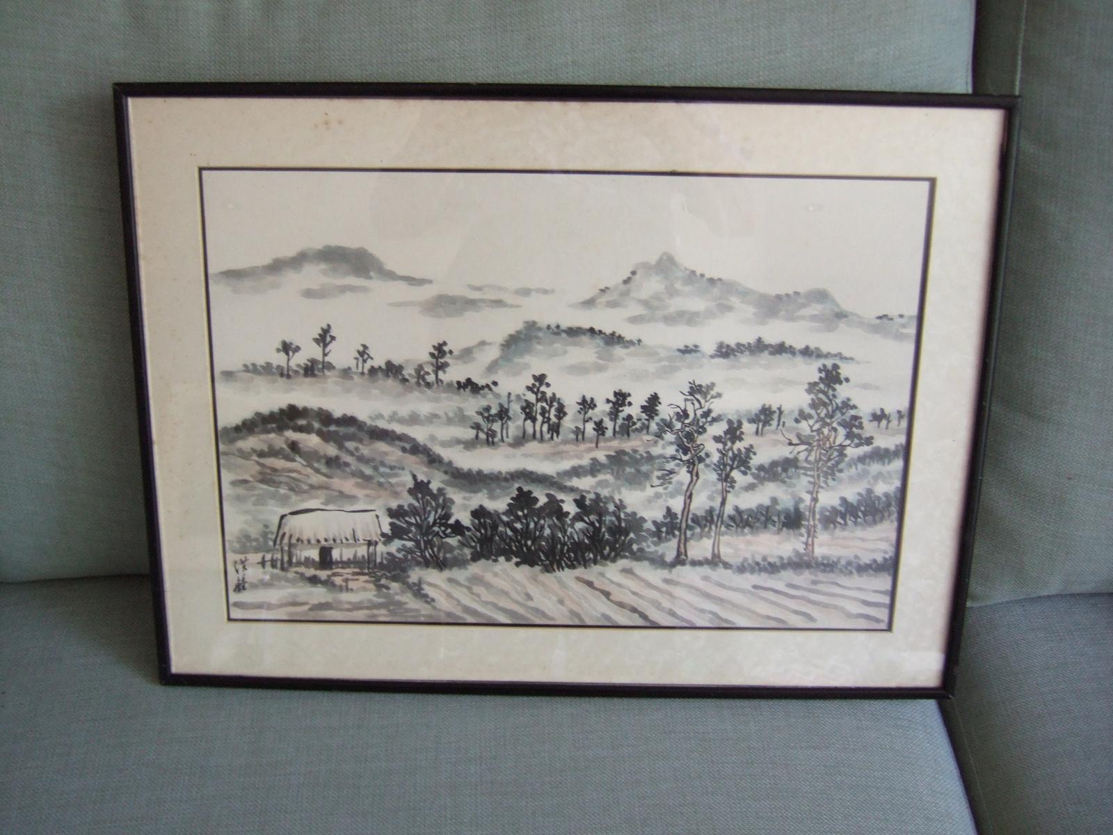 Mid Century Chinese Ink & Wash Drawing of Rural Landscape (1 of 5)