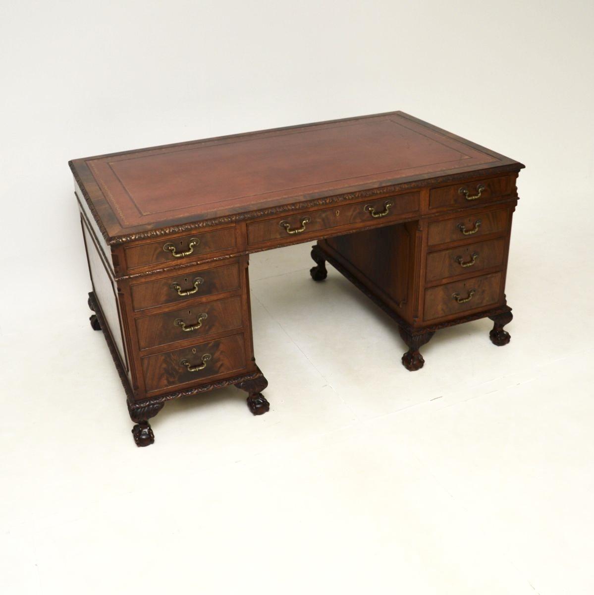 Antique Mahogany Chippendale Style Pedestal Desk (1 of 12)