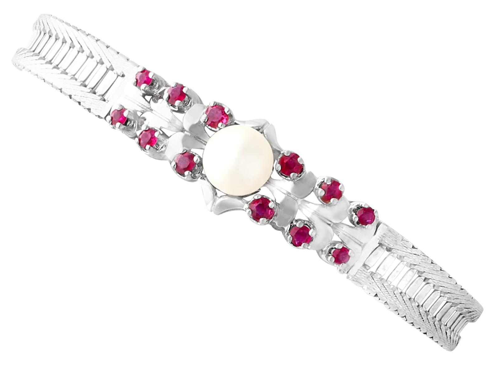 Vintage Pearl & 0.54ct Ruby 15ct White Gold Bracelet c.1970 (1 of 12)
