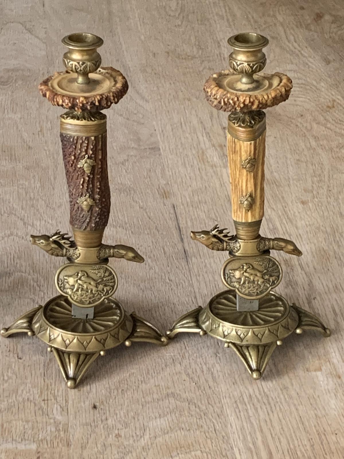 Fine Pair of 19th Century German Hunting Sword Stag Horn & Brass Candlesticks (1 of 8)