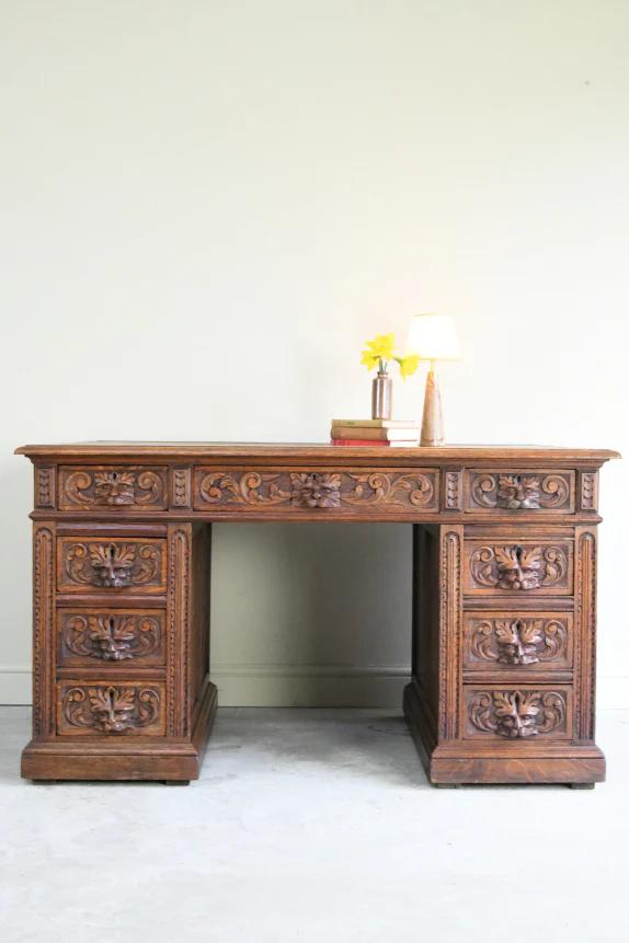 Antique Victorian Carved Oak Greenman Desk (1 of 13) Antique Victorian Carved Oak Greenman Desk (1 of 13)