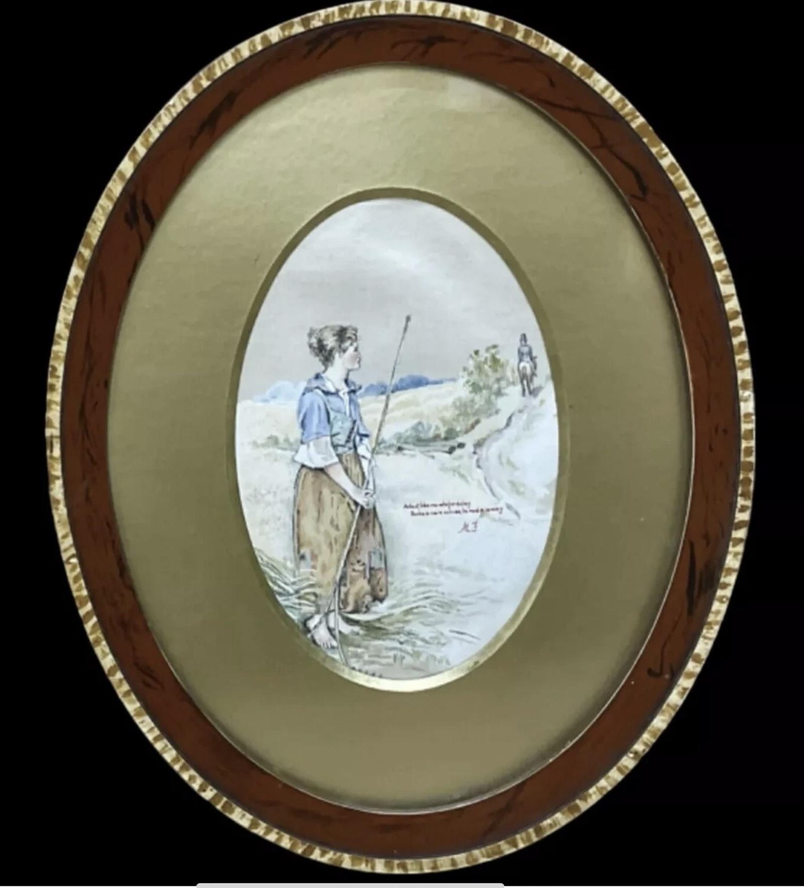 Antique Victorian Oval Watercolour Painting on Silk of Lady & Lover c.1880 (1 of 9) Antique Victorian Oval Watercolour Painting on Silk of Lady & Lover c.1880 (1 of 9)