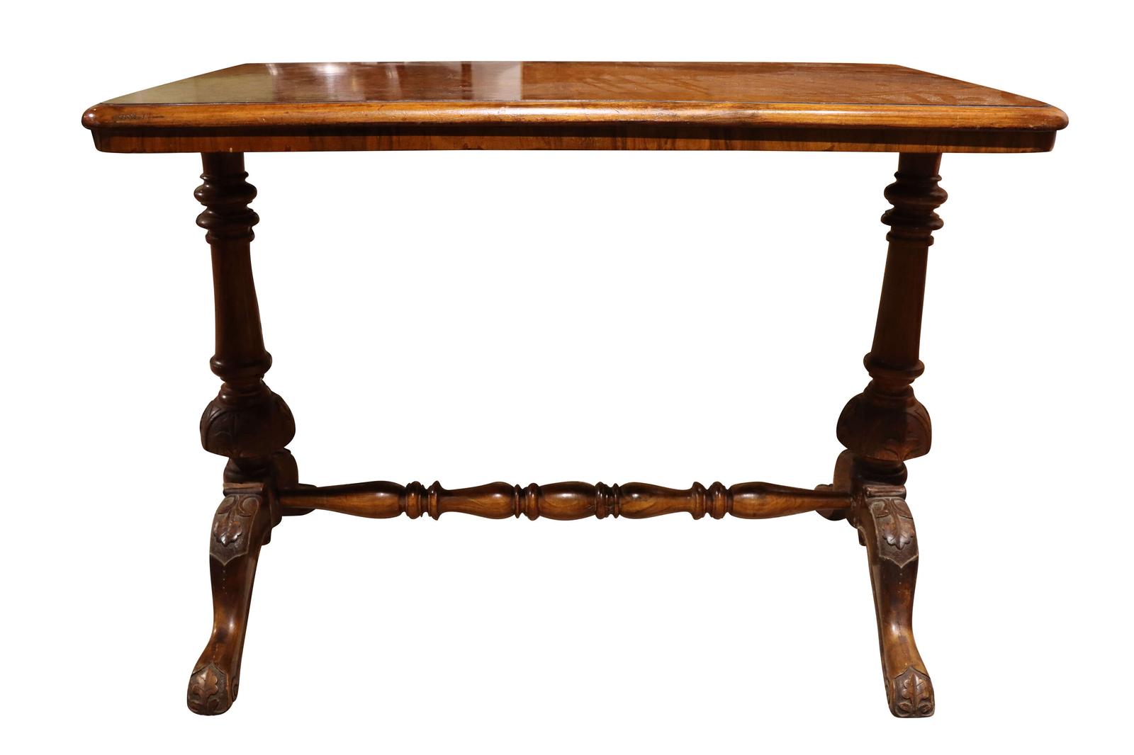 Antique Burr Walnut Stretcher Table with Carved Ends c.1890 (1 of 4)