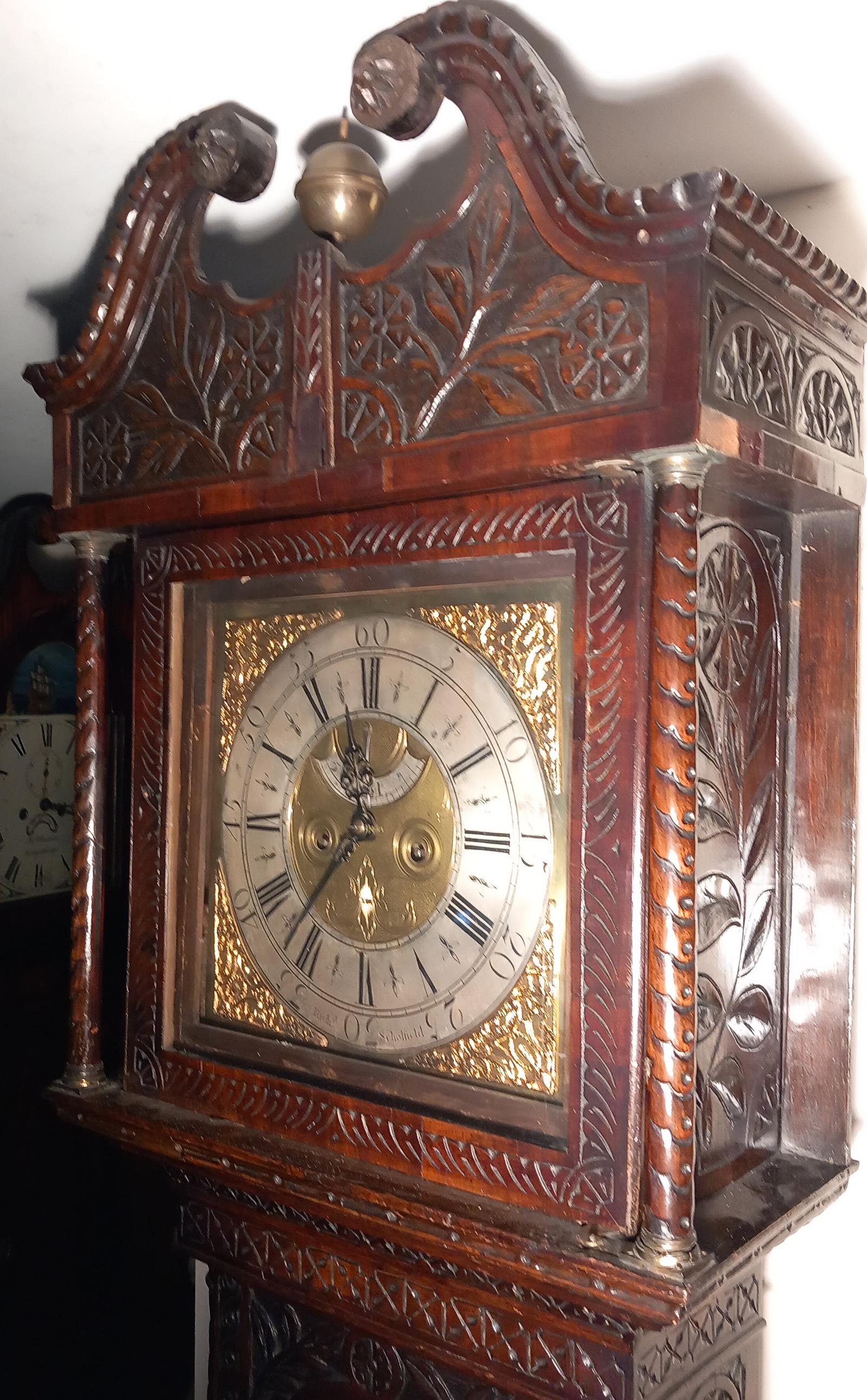 ANTIQUE CARVED OAK BRASS DIAL LONGCASE CLOCK (1 of 6)