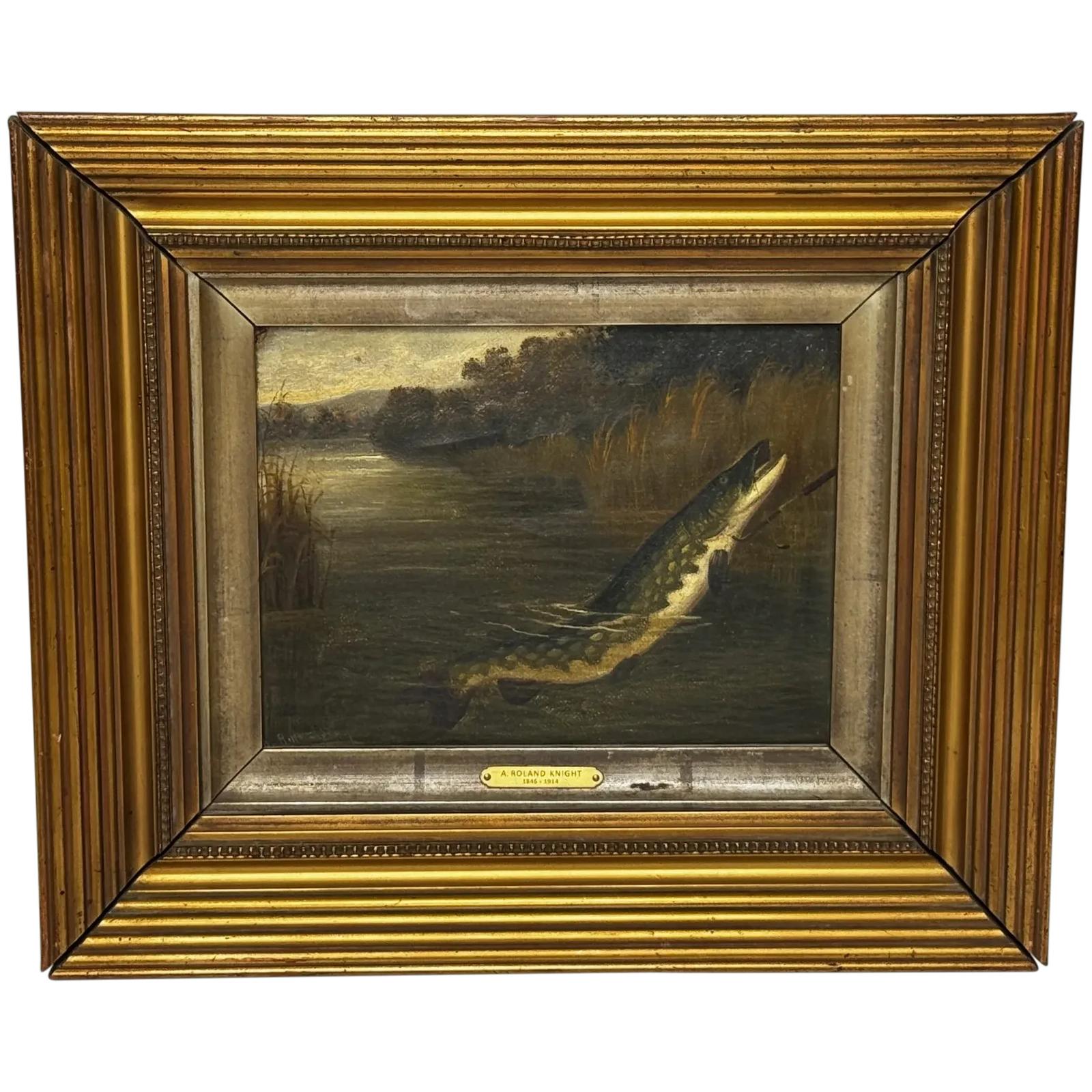 19th Century Angling Oil Painting Pike Fish Surfacing Caught (1 of 41)
